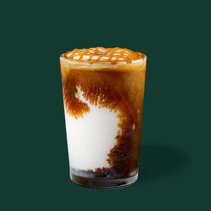 Starbucks Caramel Macchiato Frappuccino in a cup.