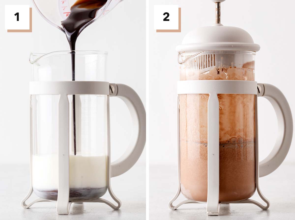 Steps for how to make Chocolate Cold Foam with one photo per step.

