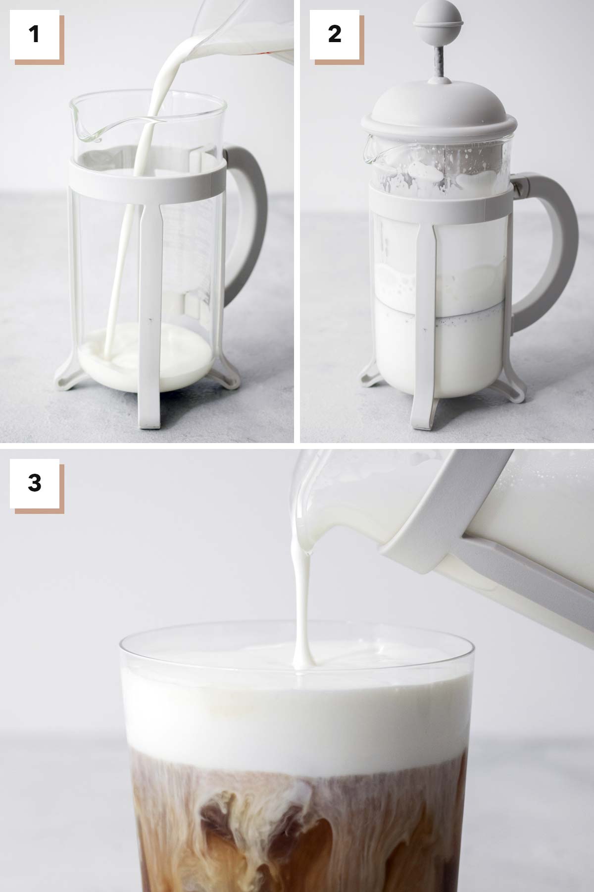 Three photo collage showing steps to make cold foam using a French press.