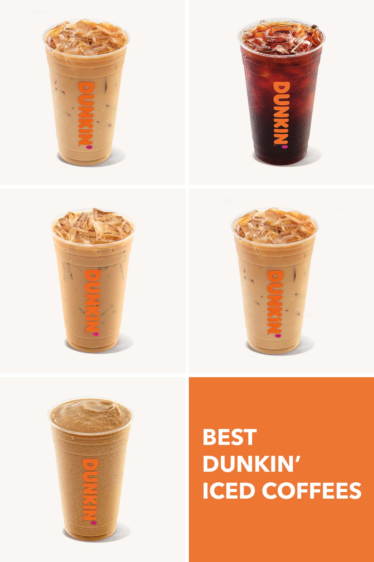  pět fotografií Dunkin' drinks.