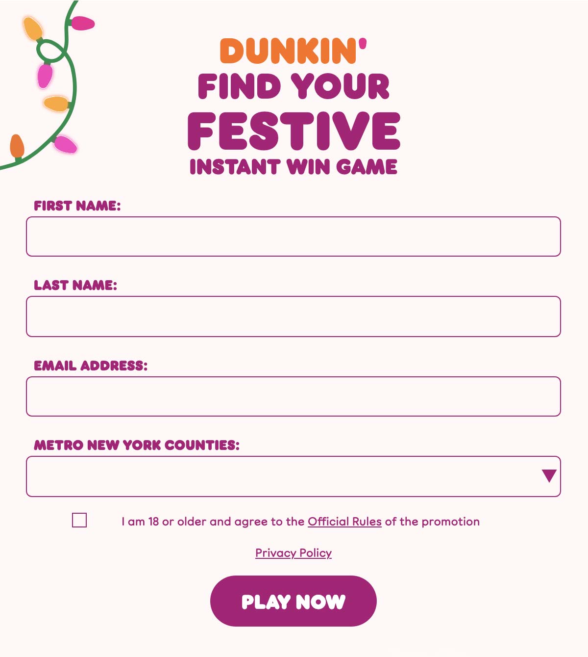 Dunkin' Find Your Festive Instant Win Game 2021 form.
