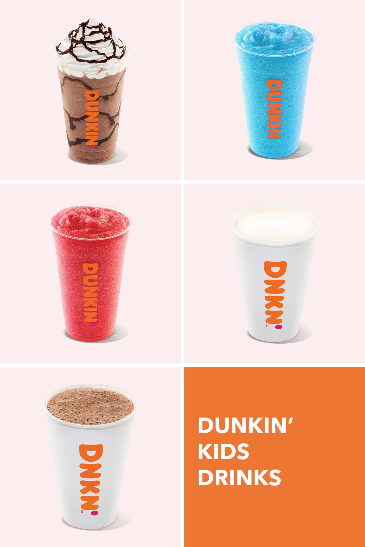 Photo grid showing 5 Dunkin' drinks for kids.