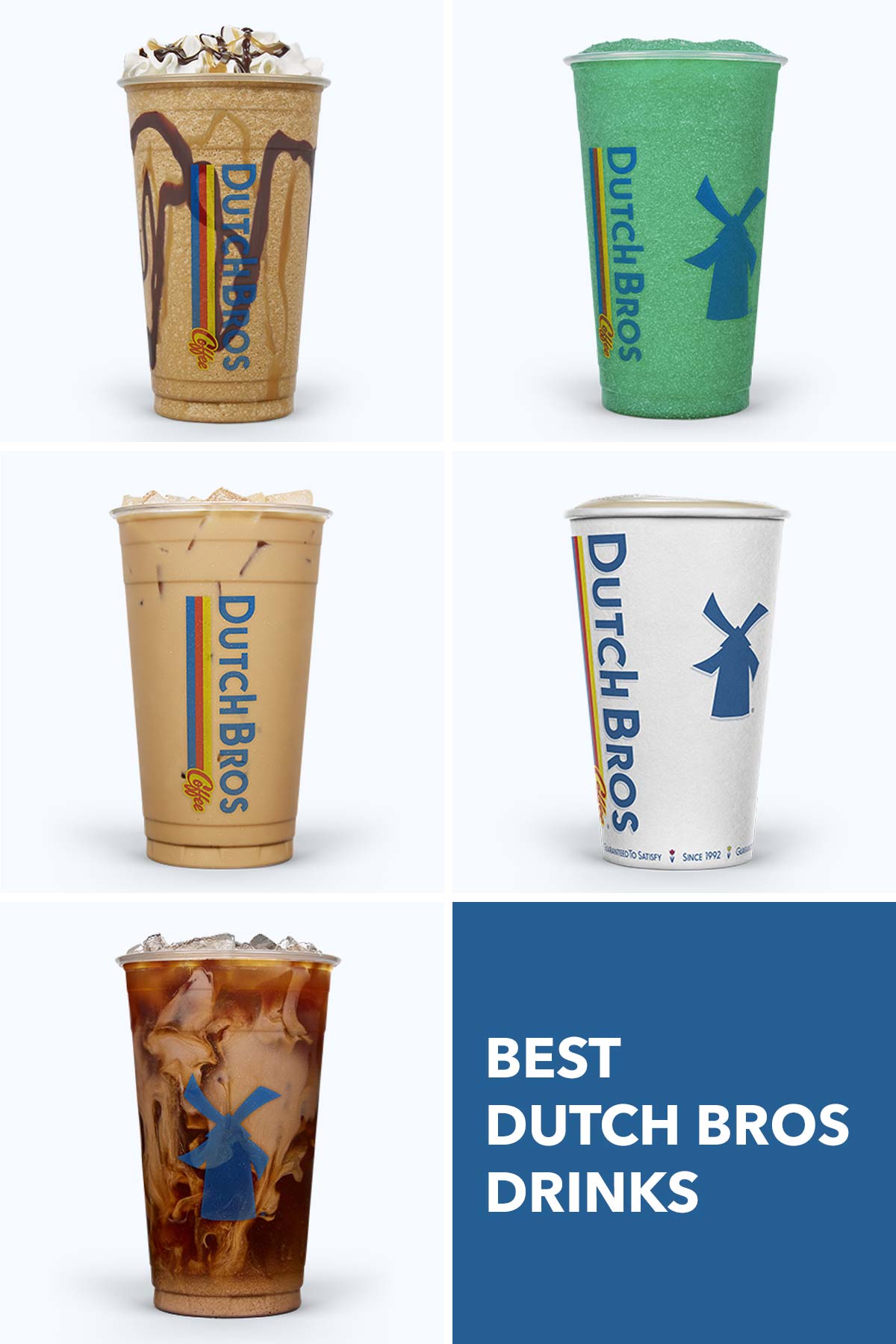 Photo collage showing 5 different Dutch Bros drinks.