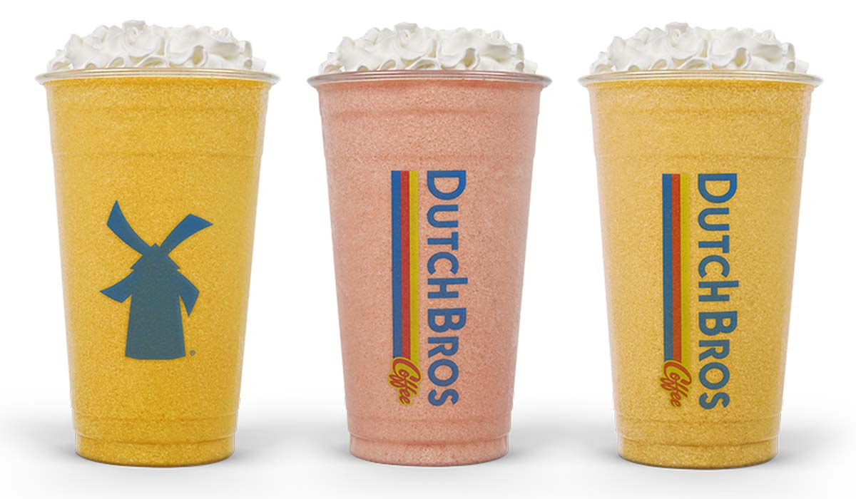 Three Dutch Bros smoothies in a line.