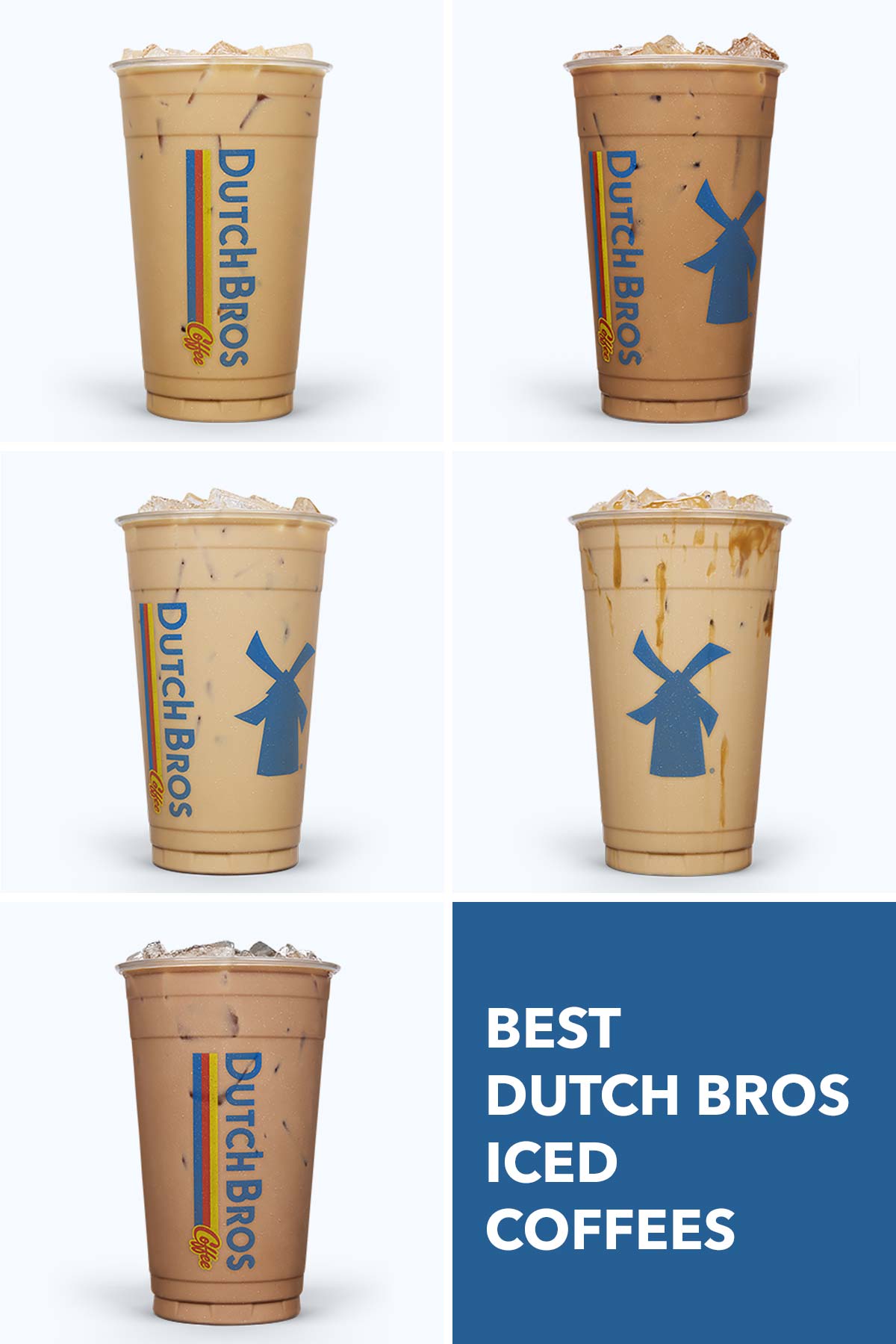 Best Dutch Bros Iced Coffees photo collage of several iced coffees in Dutch Bros cups.