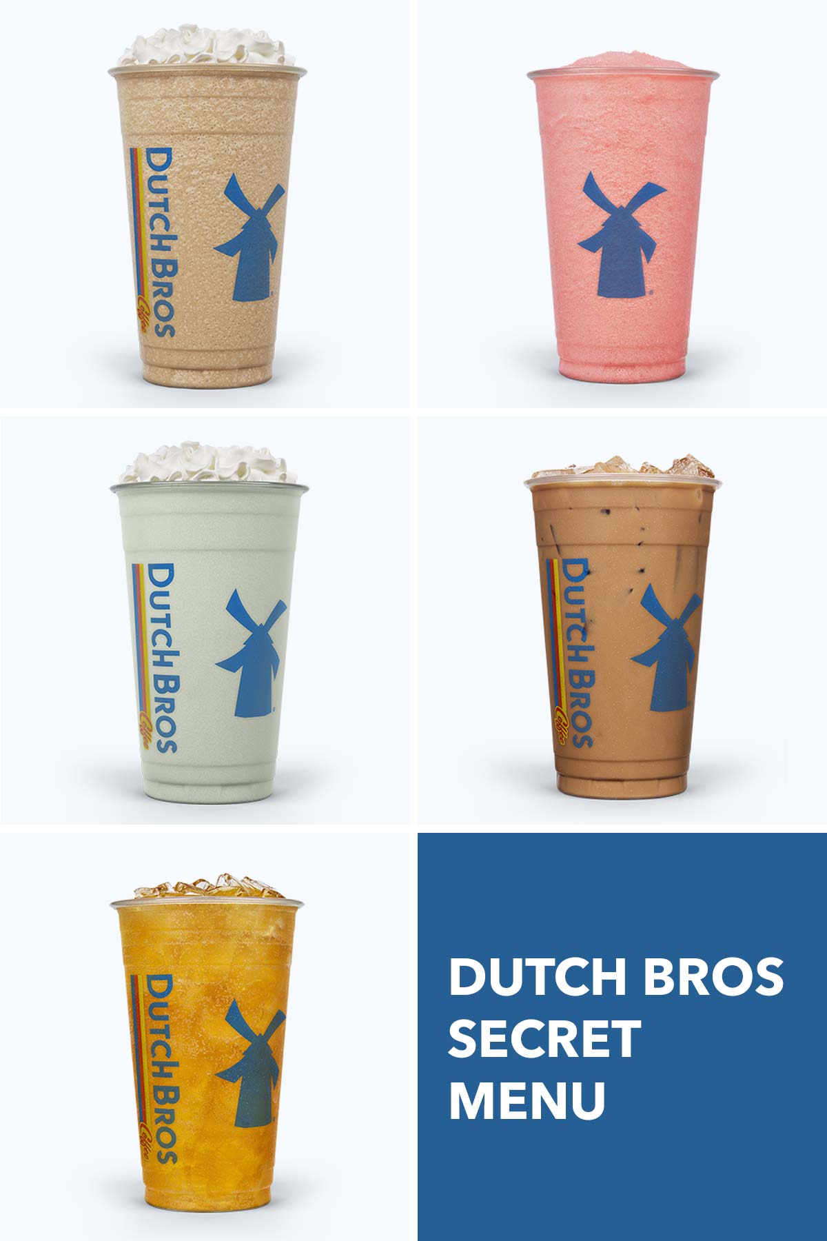 Five different Dutch Bros drinks in a 6 box grid.