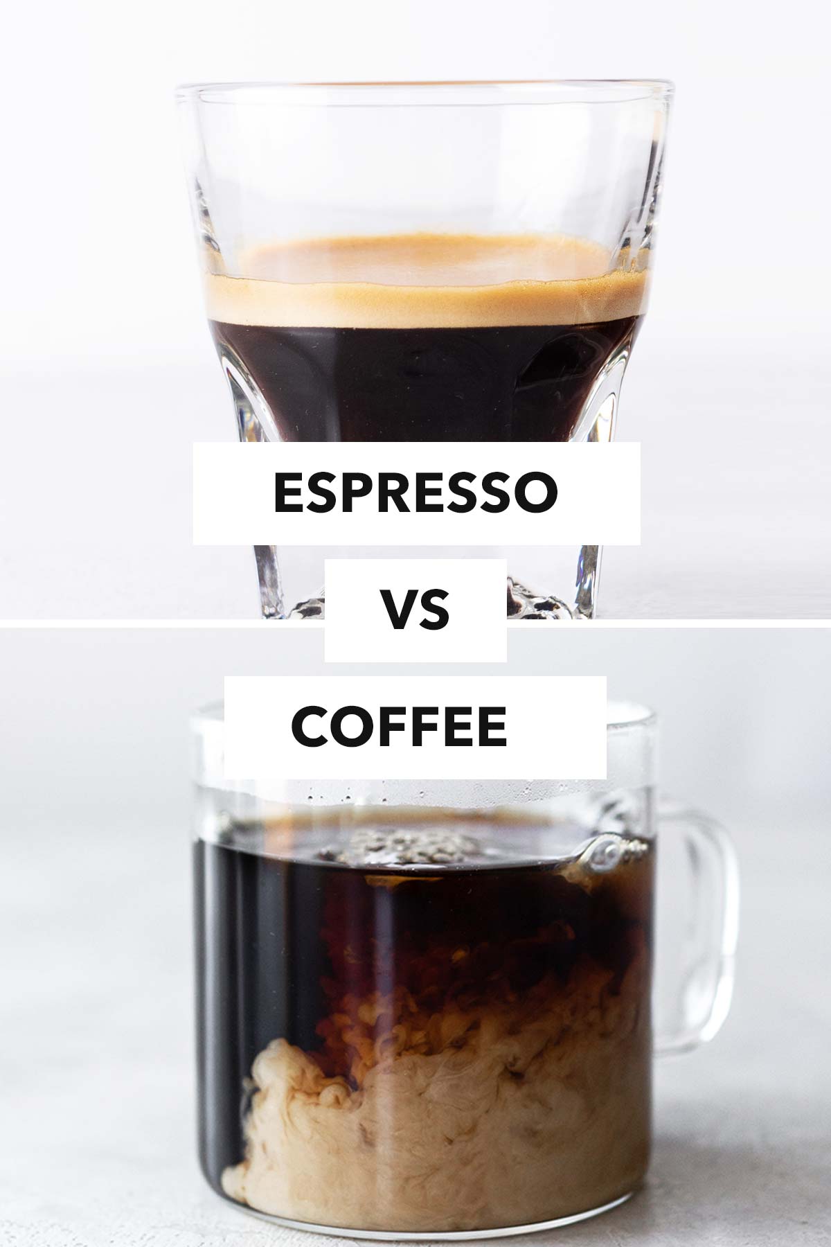 Photo of espresso on top and photo of coffee on the bottom.