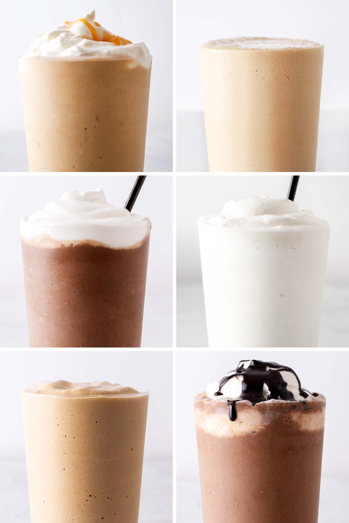 Six photo grid showing six different Frappuccino drinks.