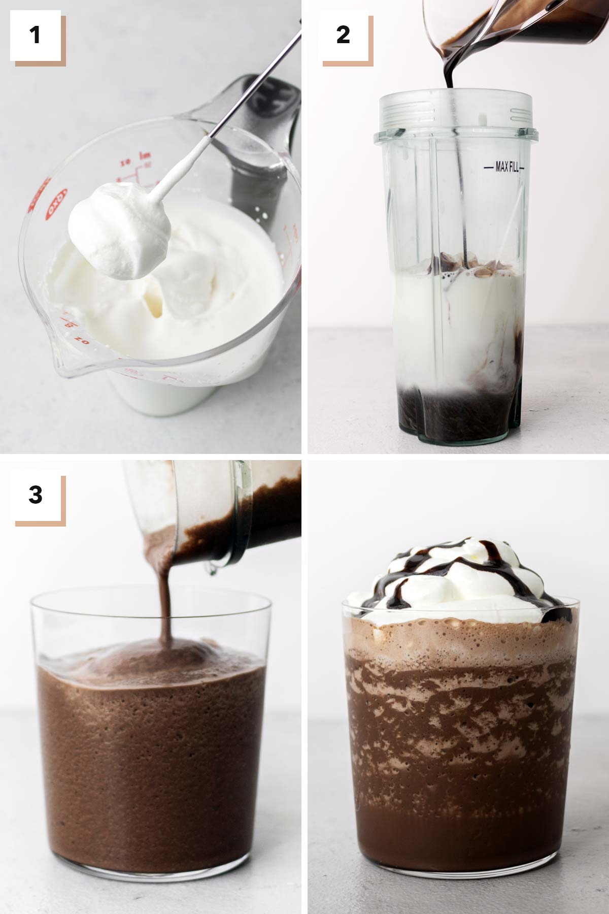 Four photo collage with steps to make frozen hot chocolate.