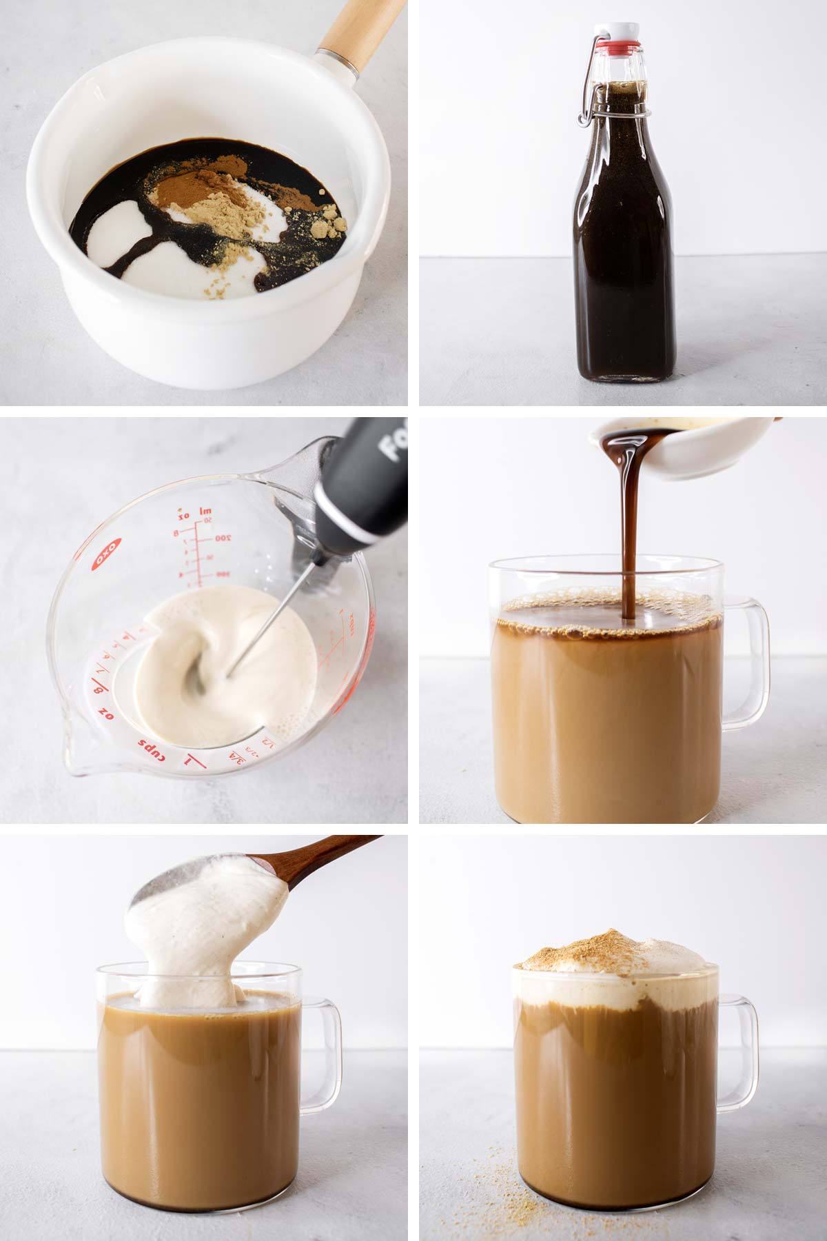Six photos showing step-by-step process to make gingerbread latte.