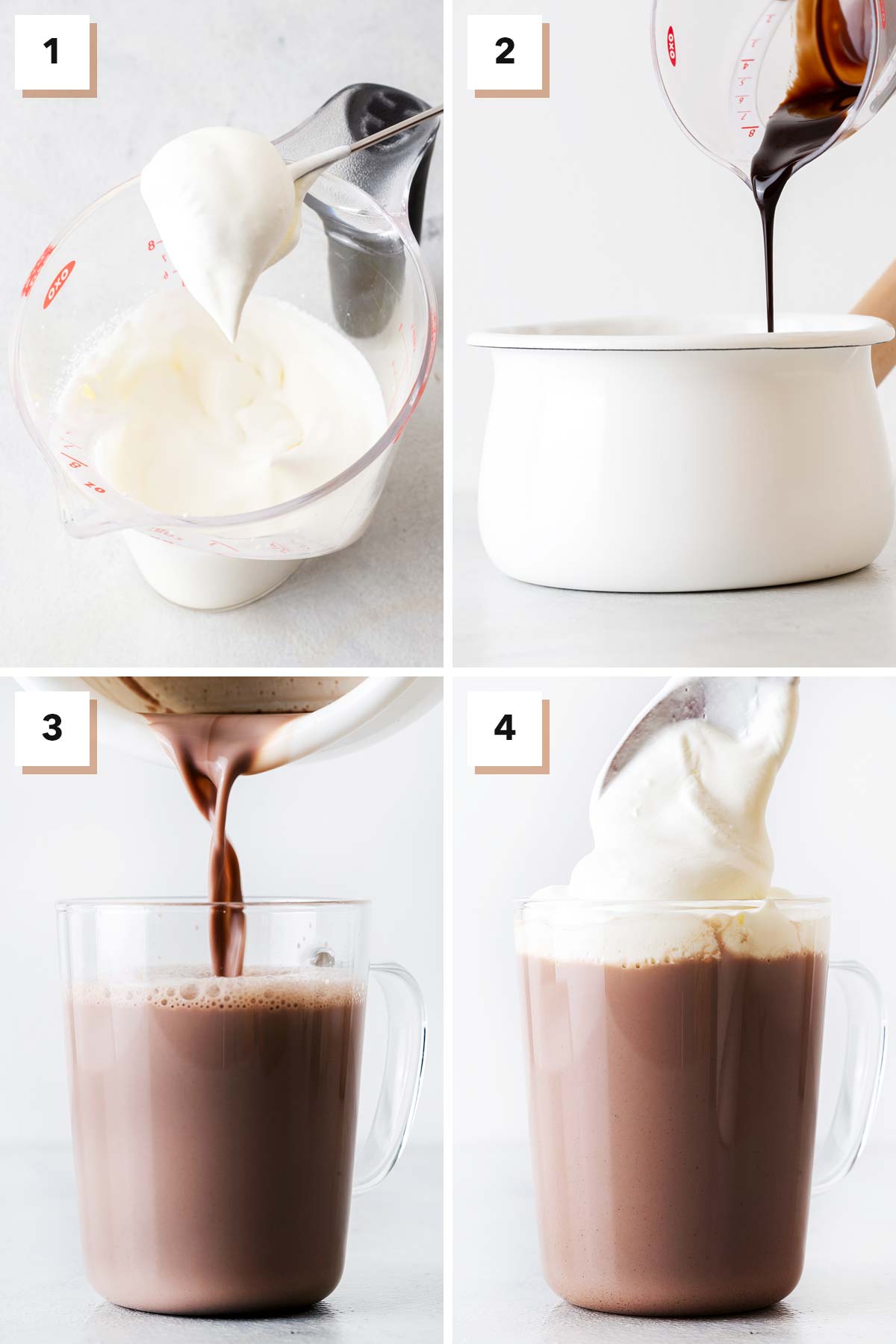 4 langkah dalam foto tentang cara membuat cokelat panas di rumah.