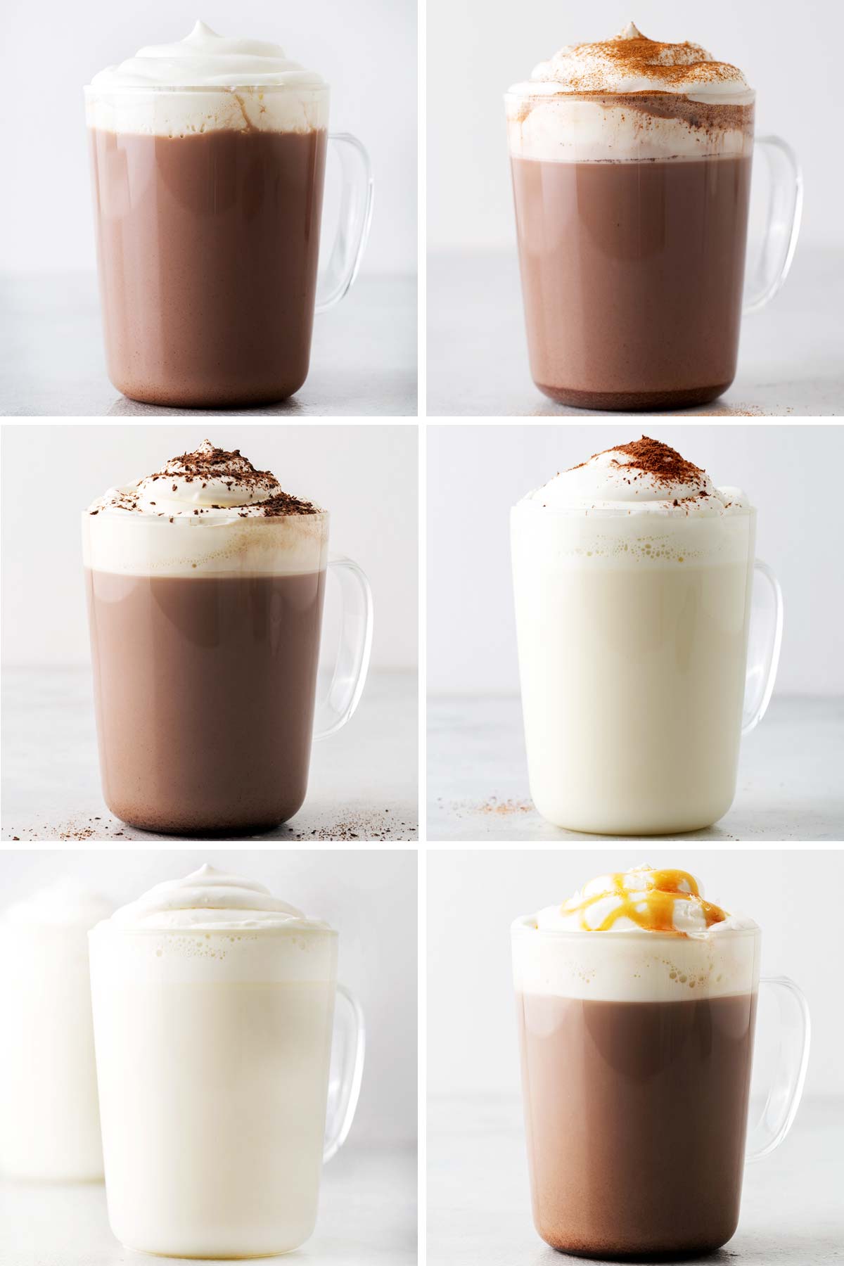 Six hot chocolates in glass mugs.