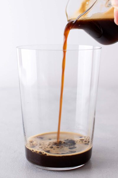 Blonde espresso poured into a cup. 