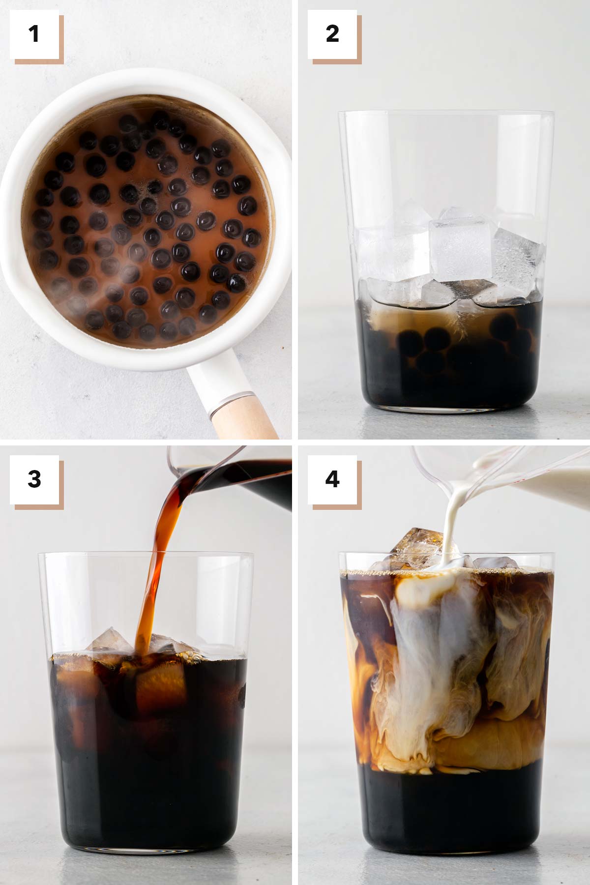 Iced Coffee Boba petunjuk langkah demi langkah tentang cara menyiapkan dan merakit minuman.