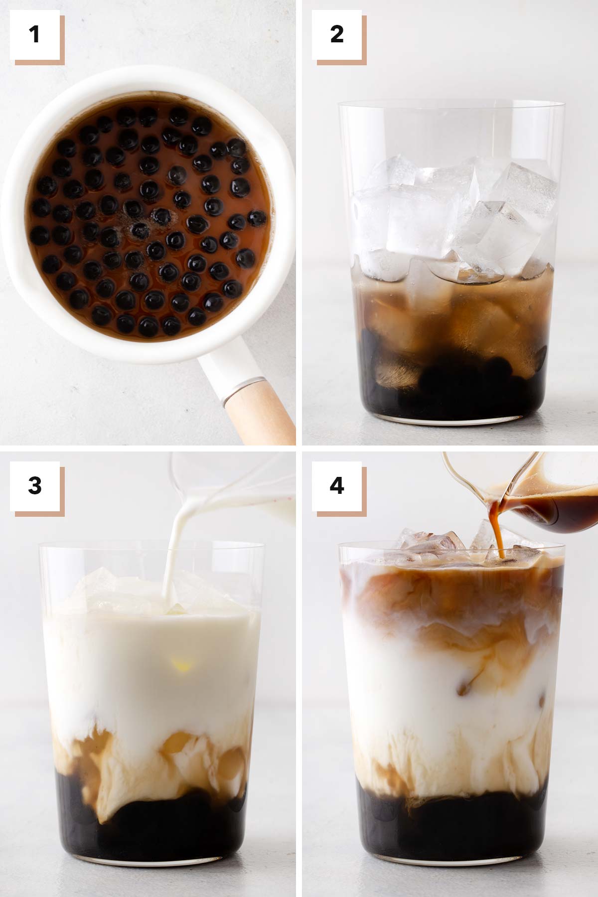 The four steps to making an iced latte with boba.
