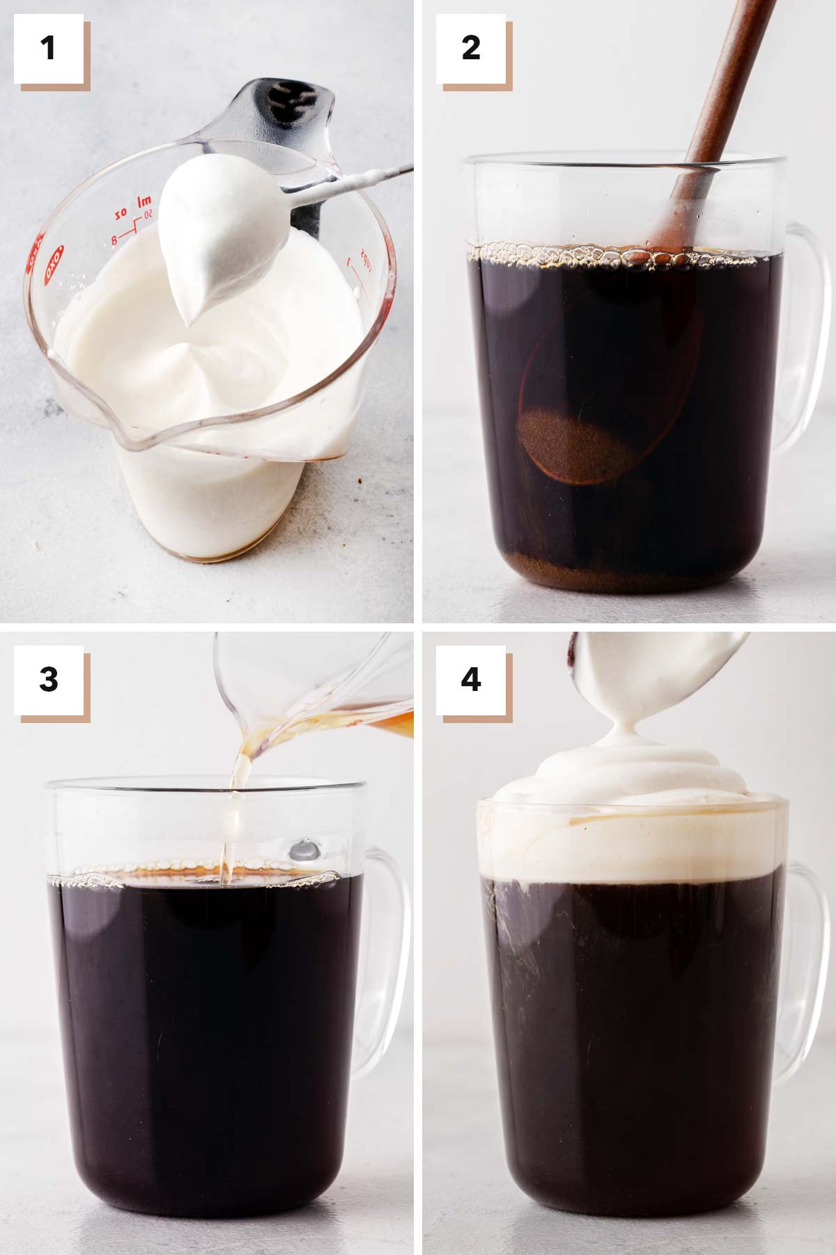 Irish coffee step-by-step directions, four steps