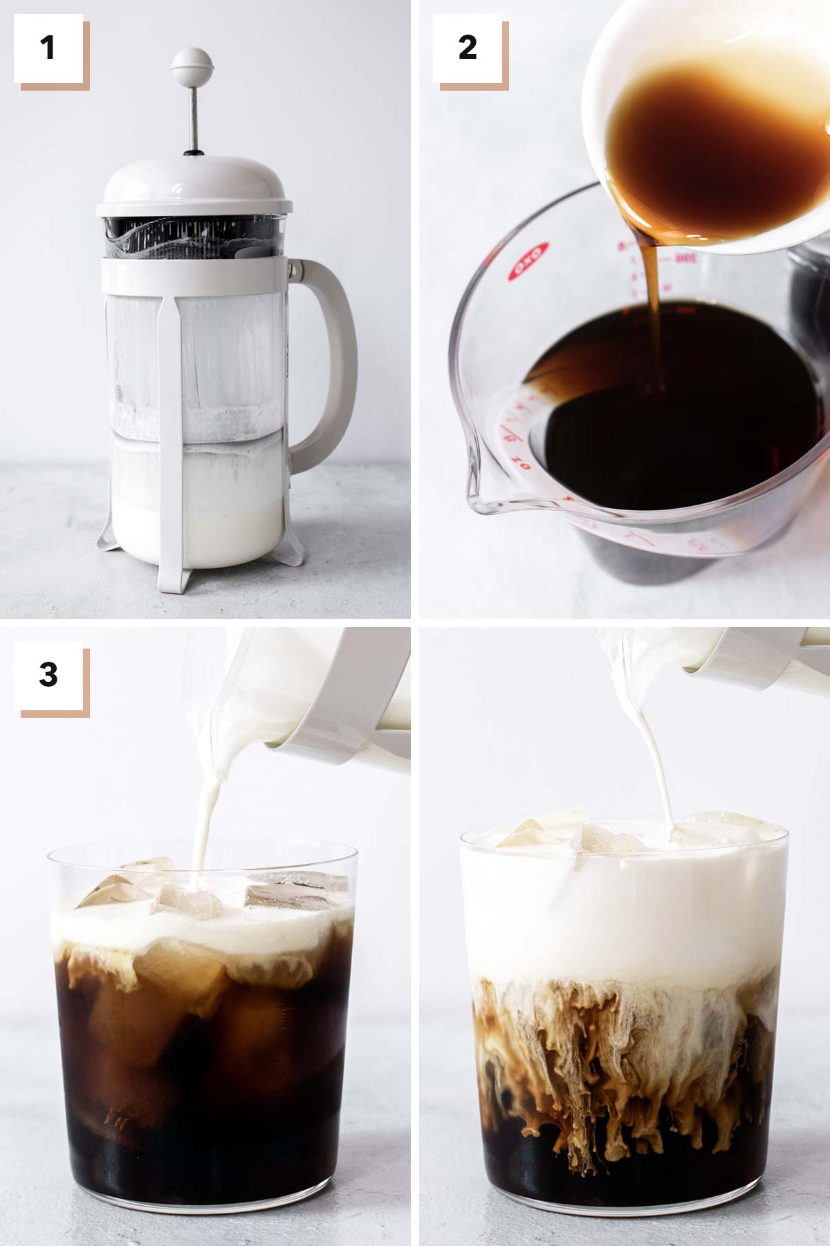 Four photo collage showing steps to make Irish Cream Cold Brew with Cold Foam.