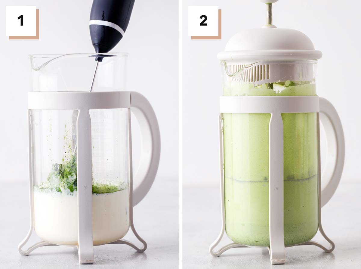 Two-step instructions for making matcha cold foam.