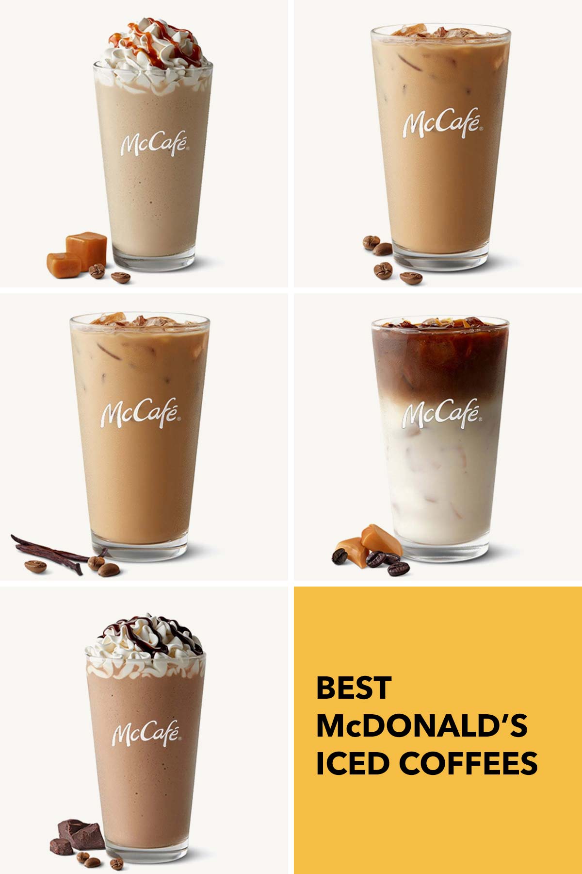 Six photo collage showing five different McDonald's iced and frozen coffee drinks.