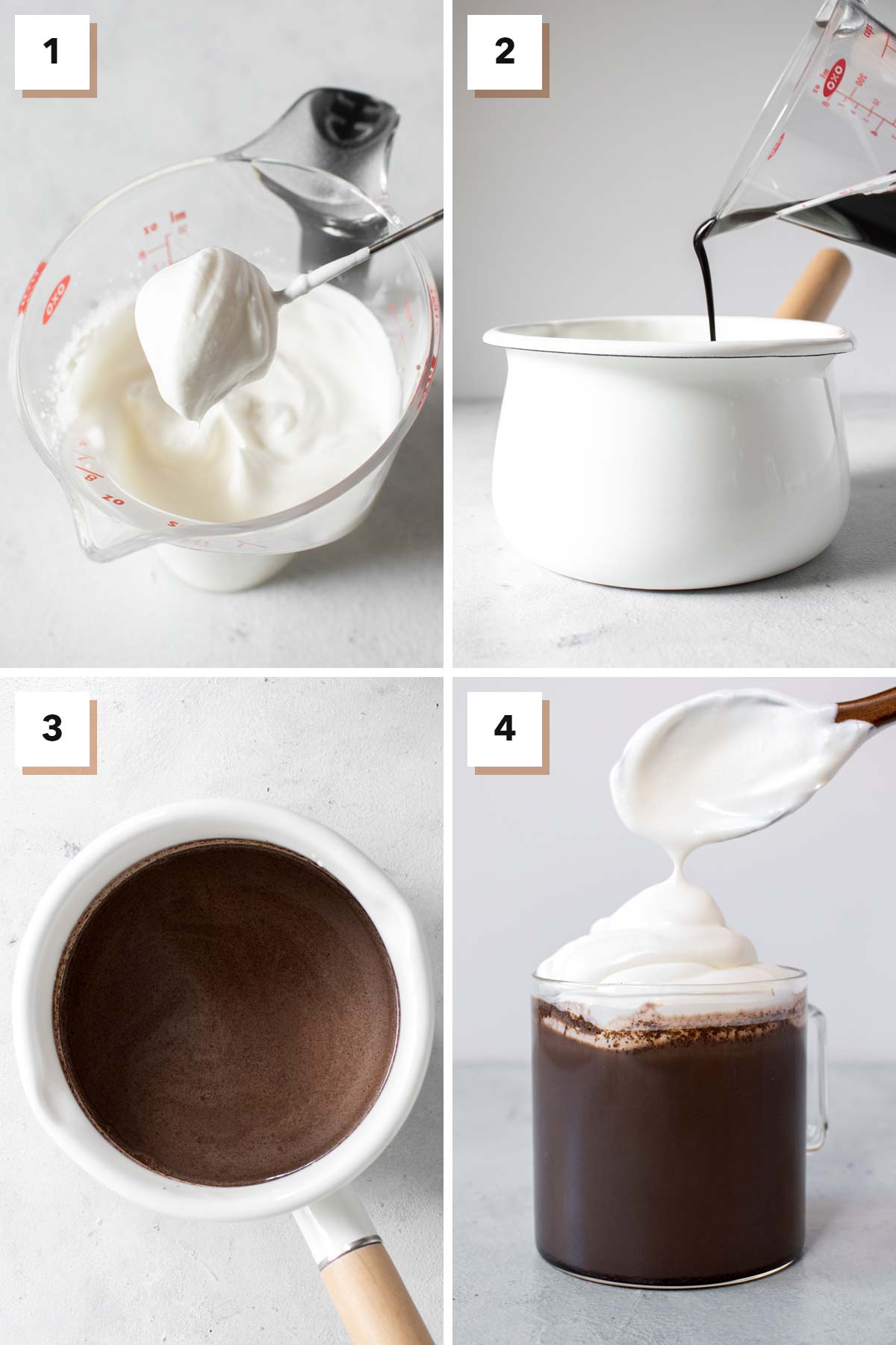Four photos showing the steps to make Mexican hot chocolate.