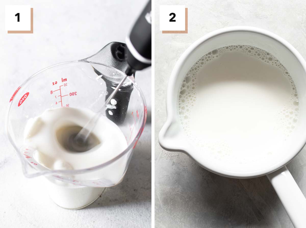 Two photos side by side with first showing whisking of heavy cream and the second showing milk in a saucepan.