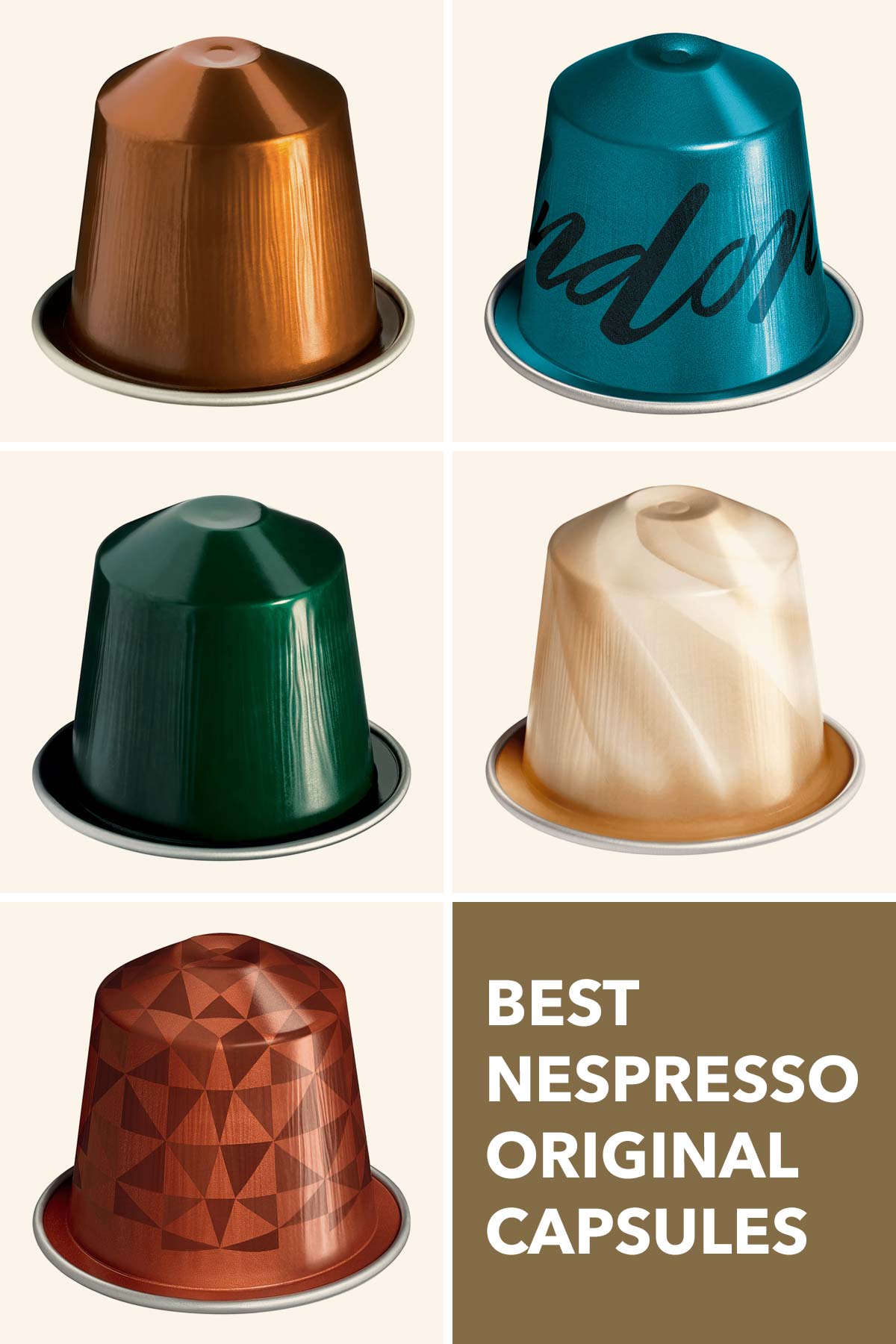 Five Nespresso Original Line pods and capsules.