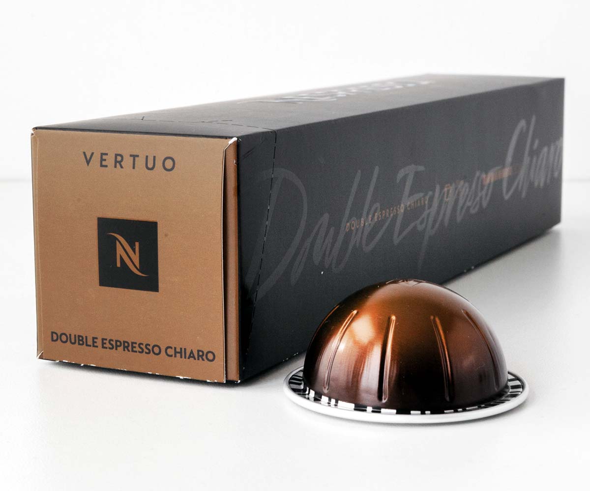 Nespresso Double Espresso Chiaro capsule and box.