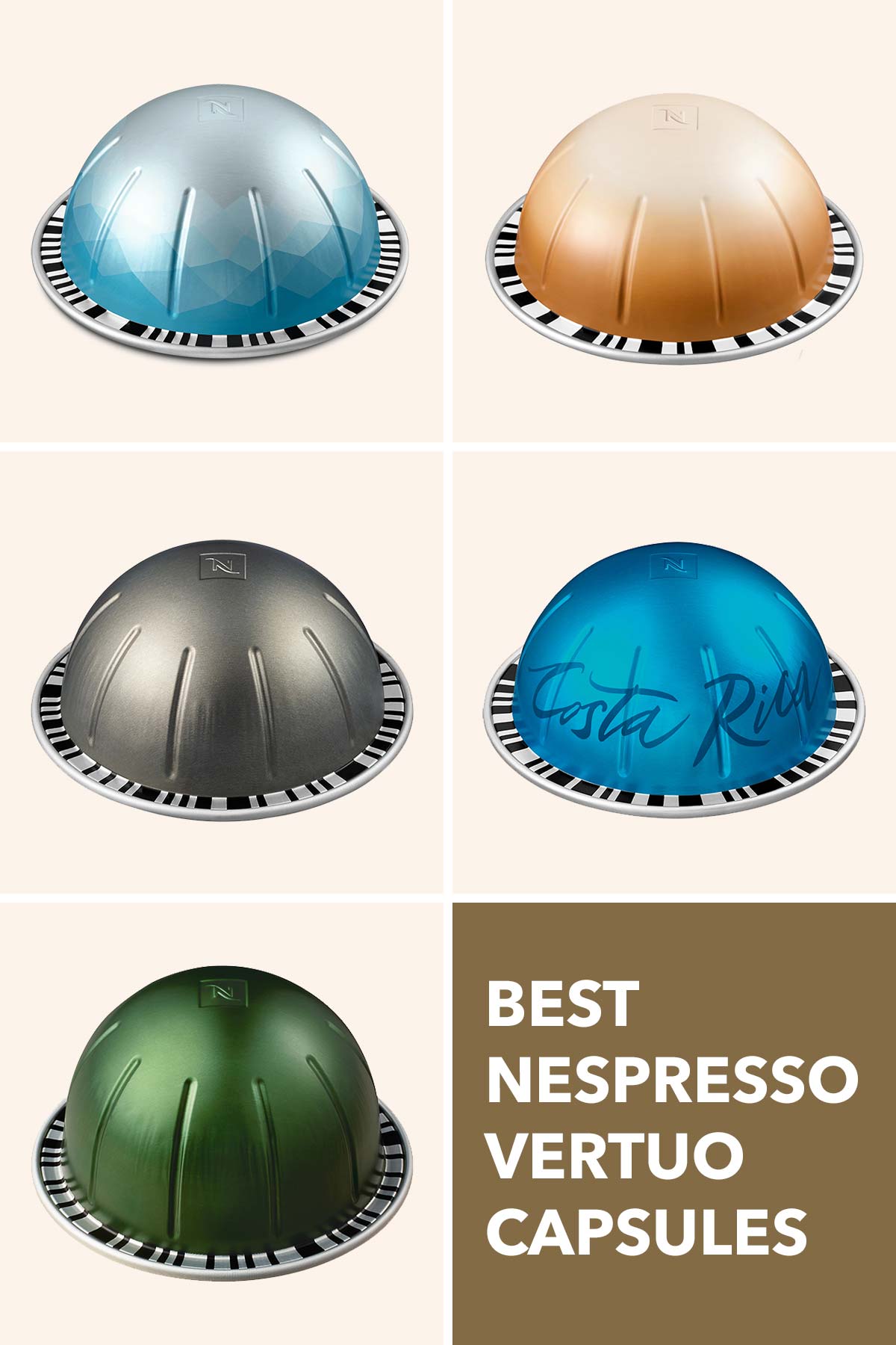 Six box grid showing five Nespresso Vertuo pods.
