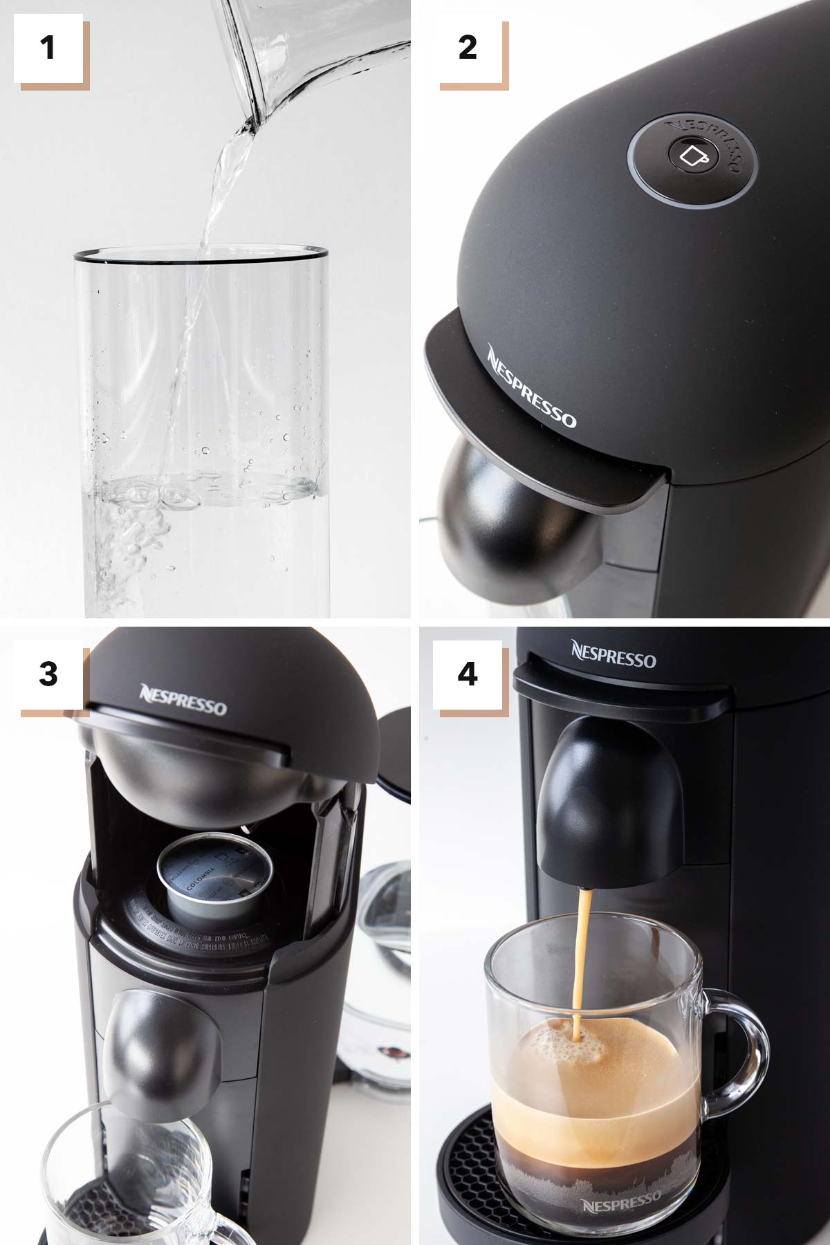 Steps to make coffee in a Nespresso VertuoPlus machine.