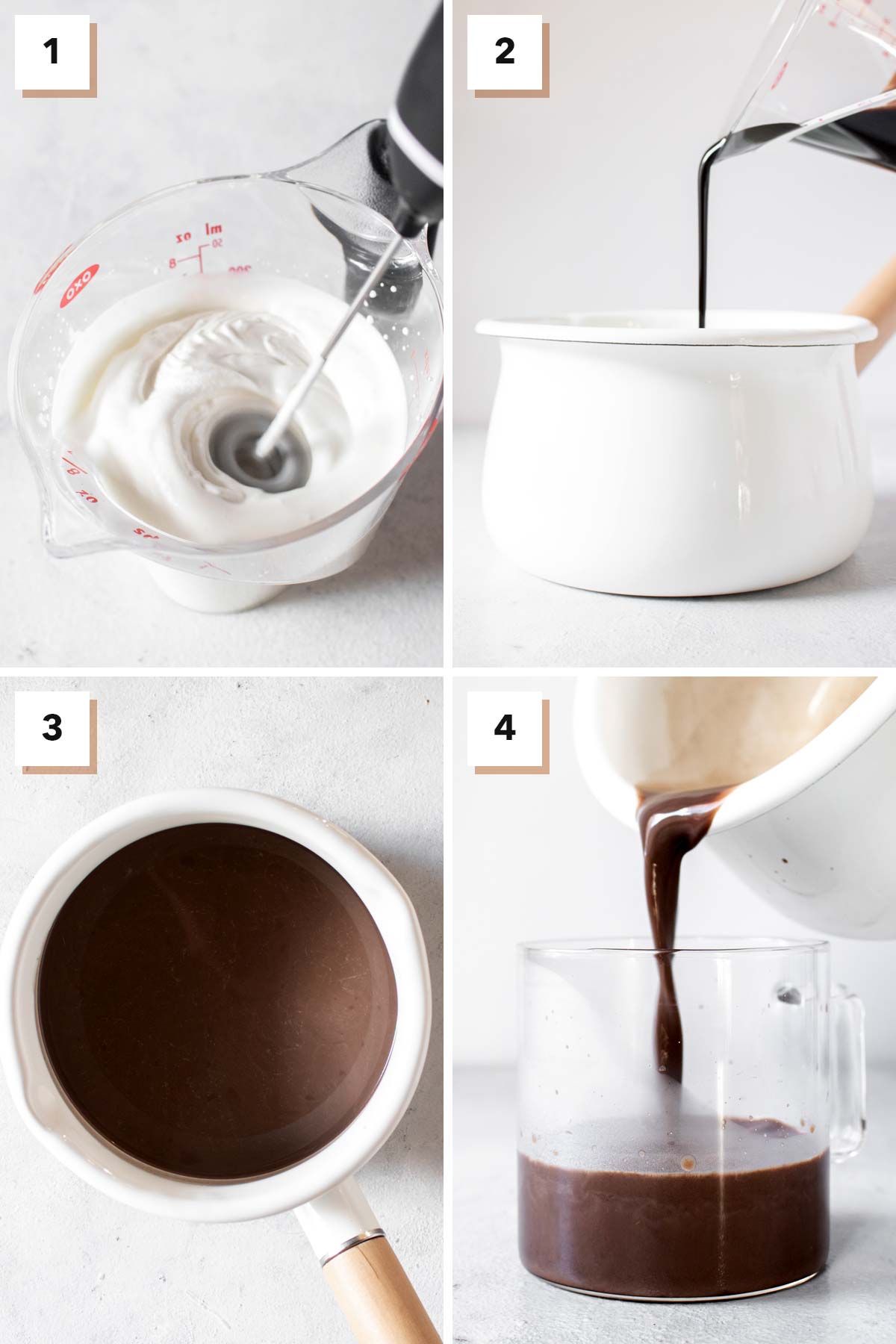 Four photos showing the steps to make peppermint hot chocolate.