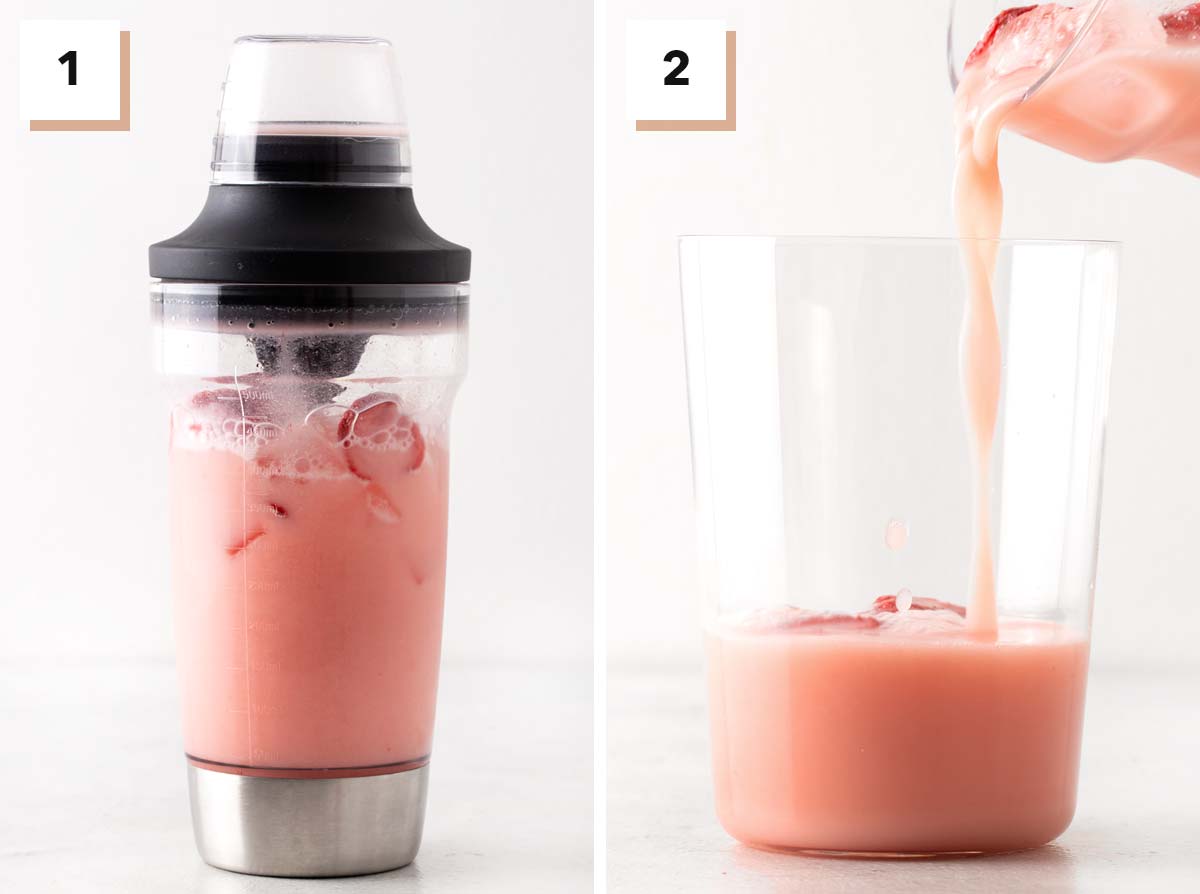 Two photo collage showing steps to make the Starbucks Pink Drink at home.