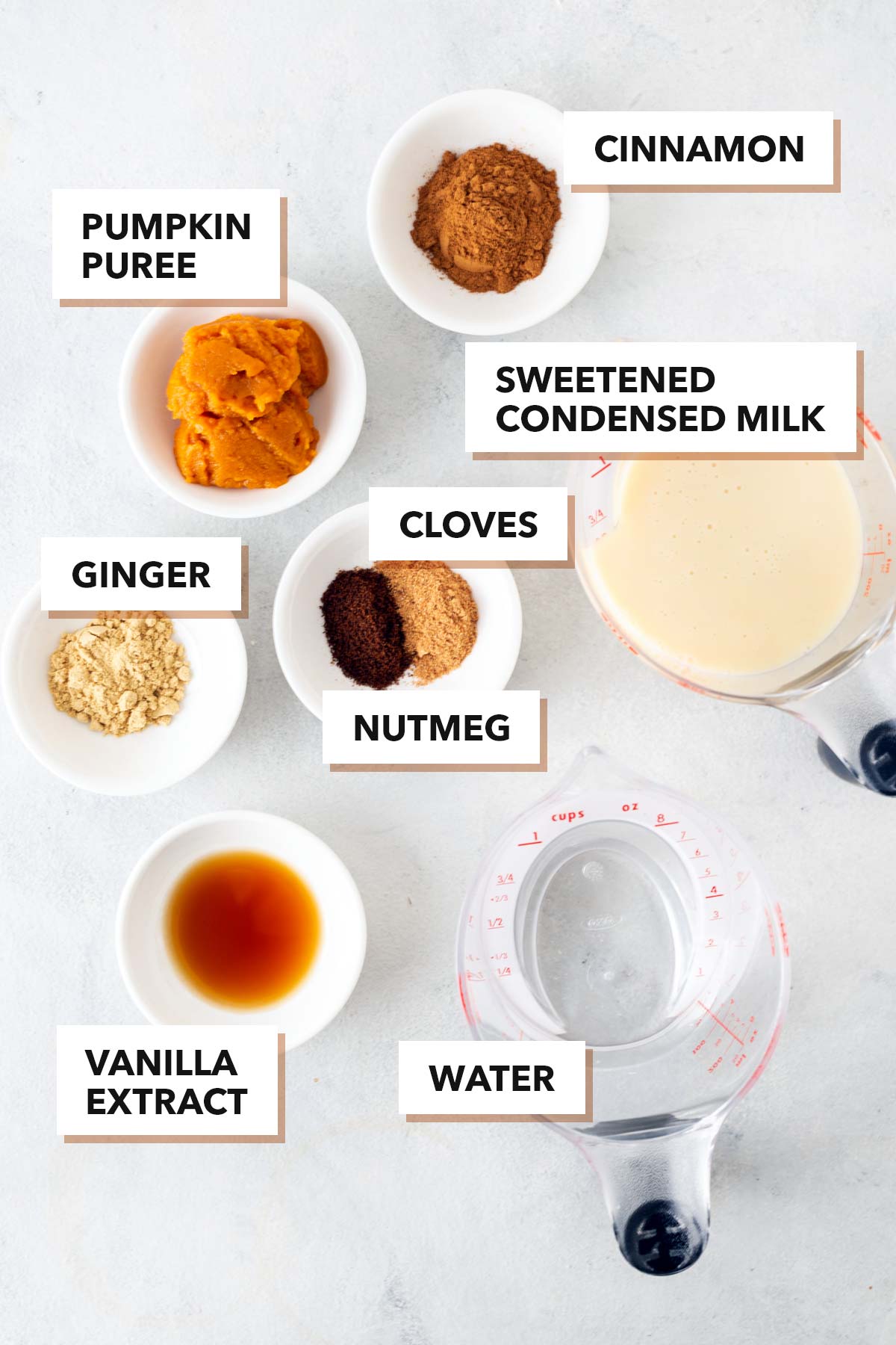 Pumpkin Spice Sauce ingredients labeled in measuring cups and prep bowls on a table.