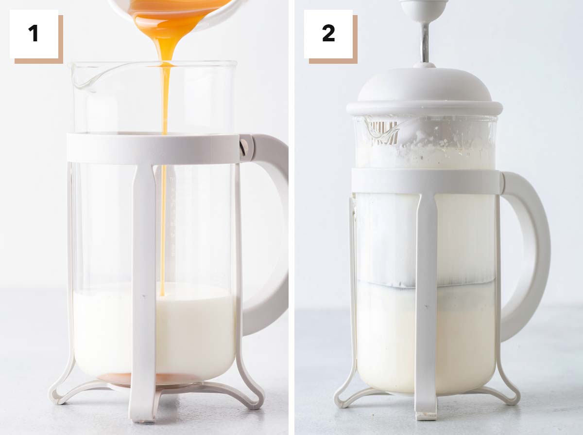 Steps to make salted caramel cold foam at home in a French press.