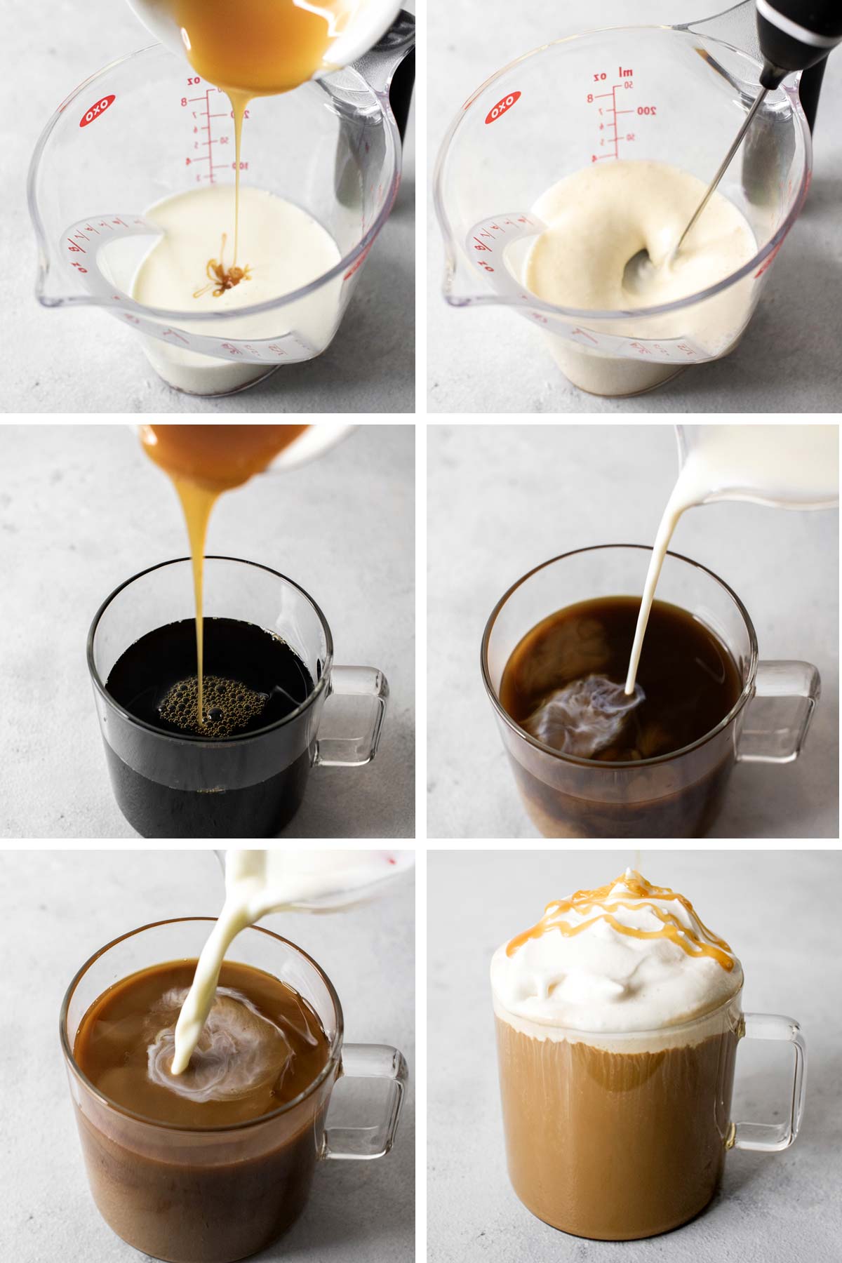 Six photos showing step-by-step process to make salted caramel latte.