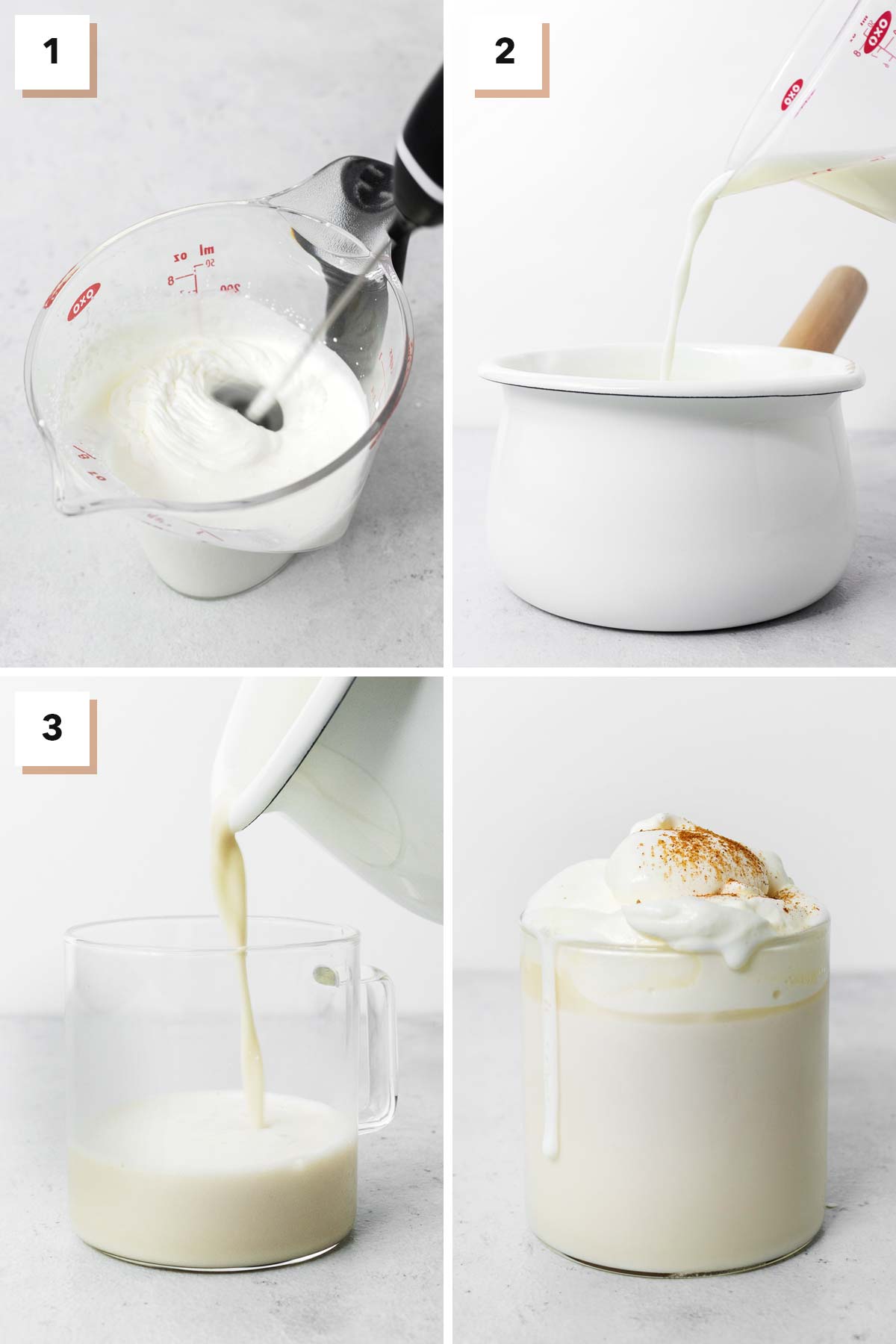 Four photo collage showing steps to make snickerdoodle hot chocolate.