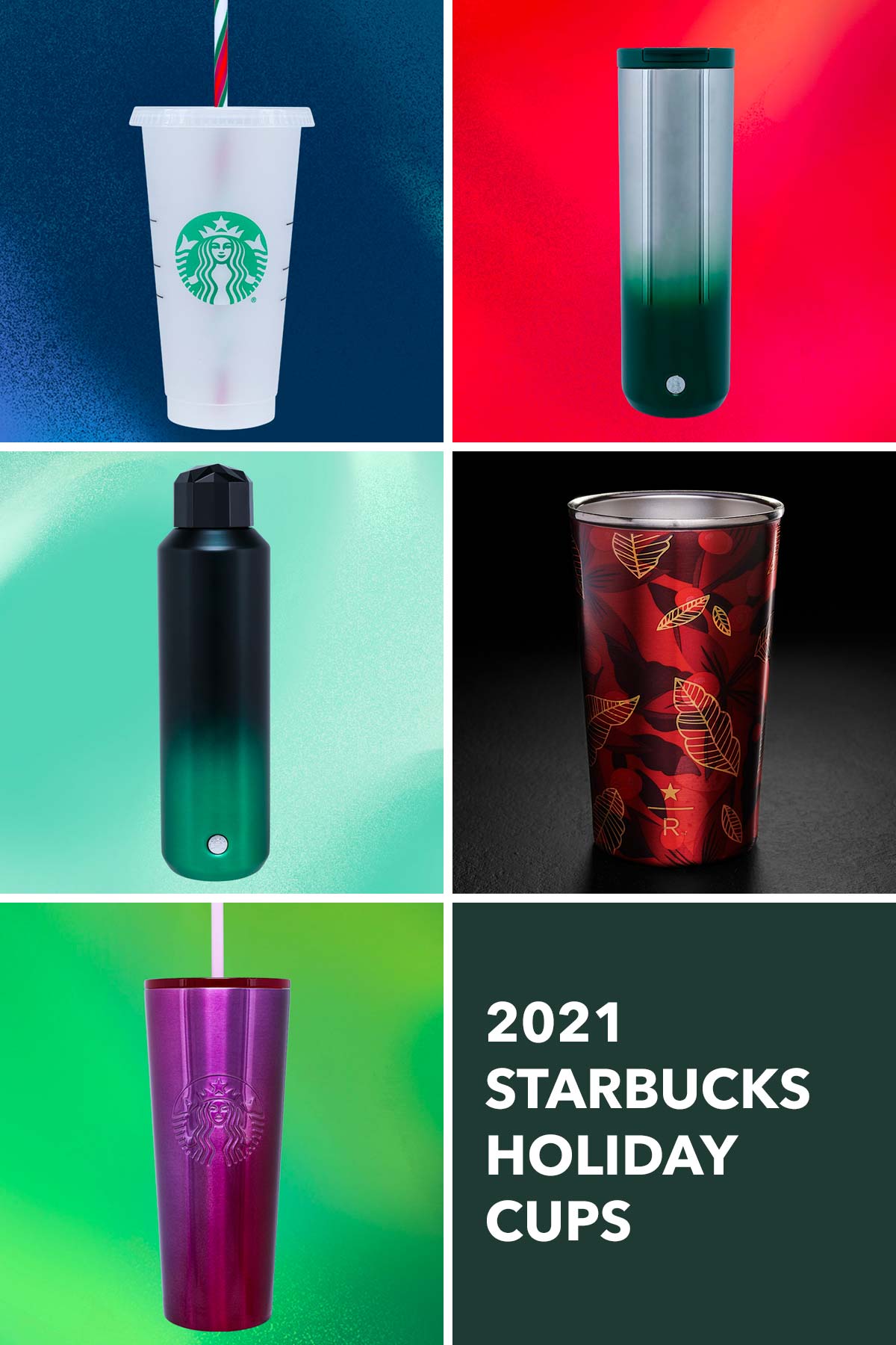 Six photo grid showing five Starbucks holiday cups.
