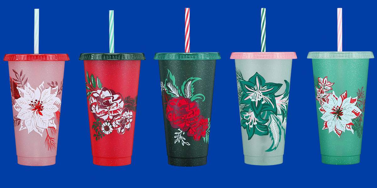 Starbucks Glitter Floral Cups with Straws.