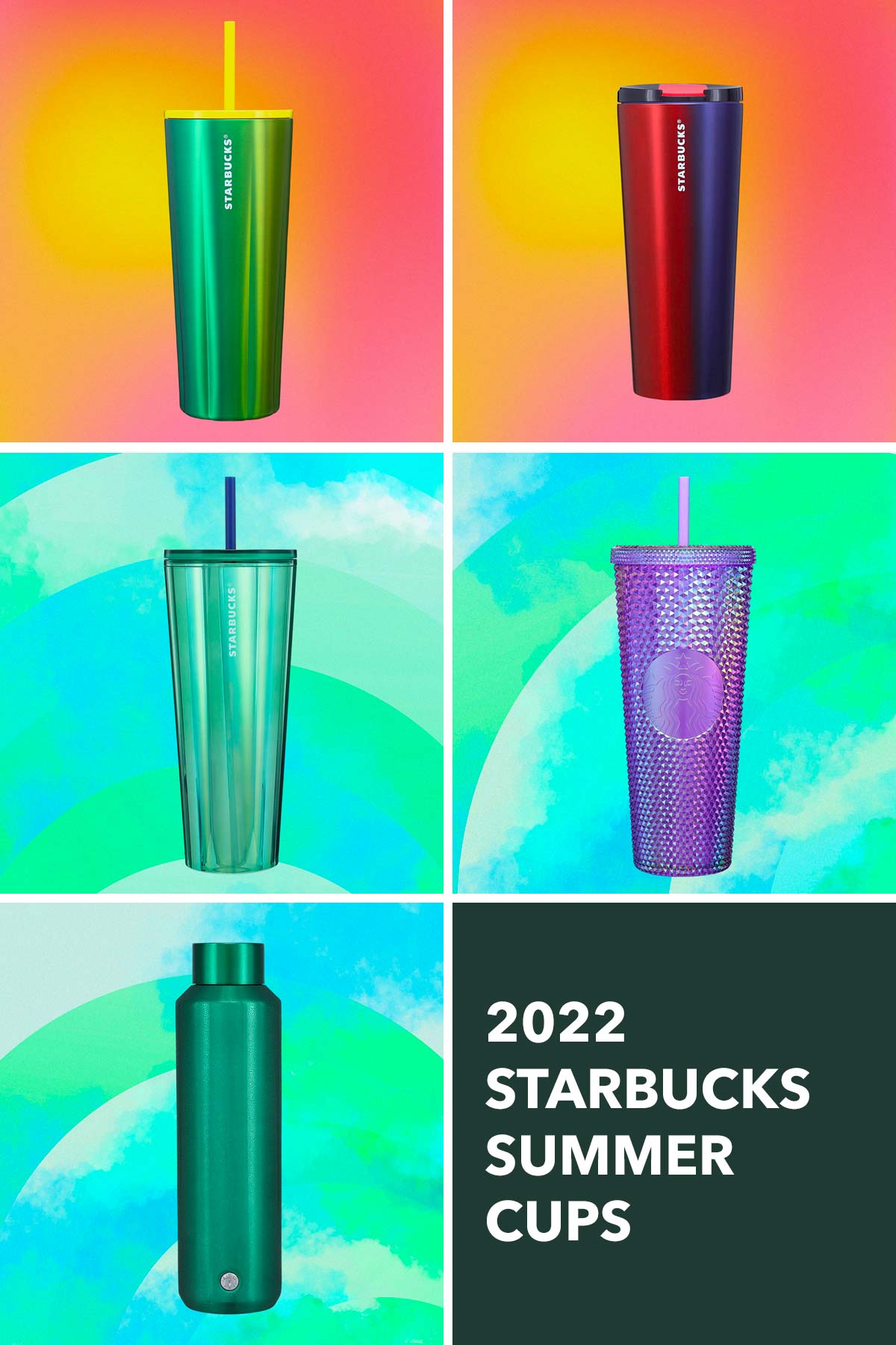 Photo grid showing 5 different Starbucks summer cups and tumblers.