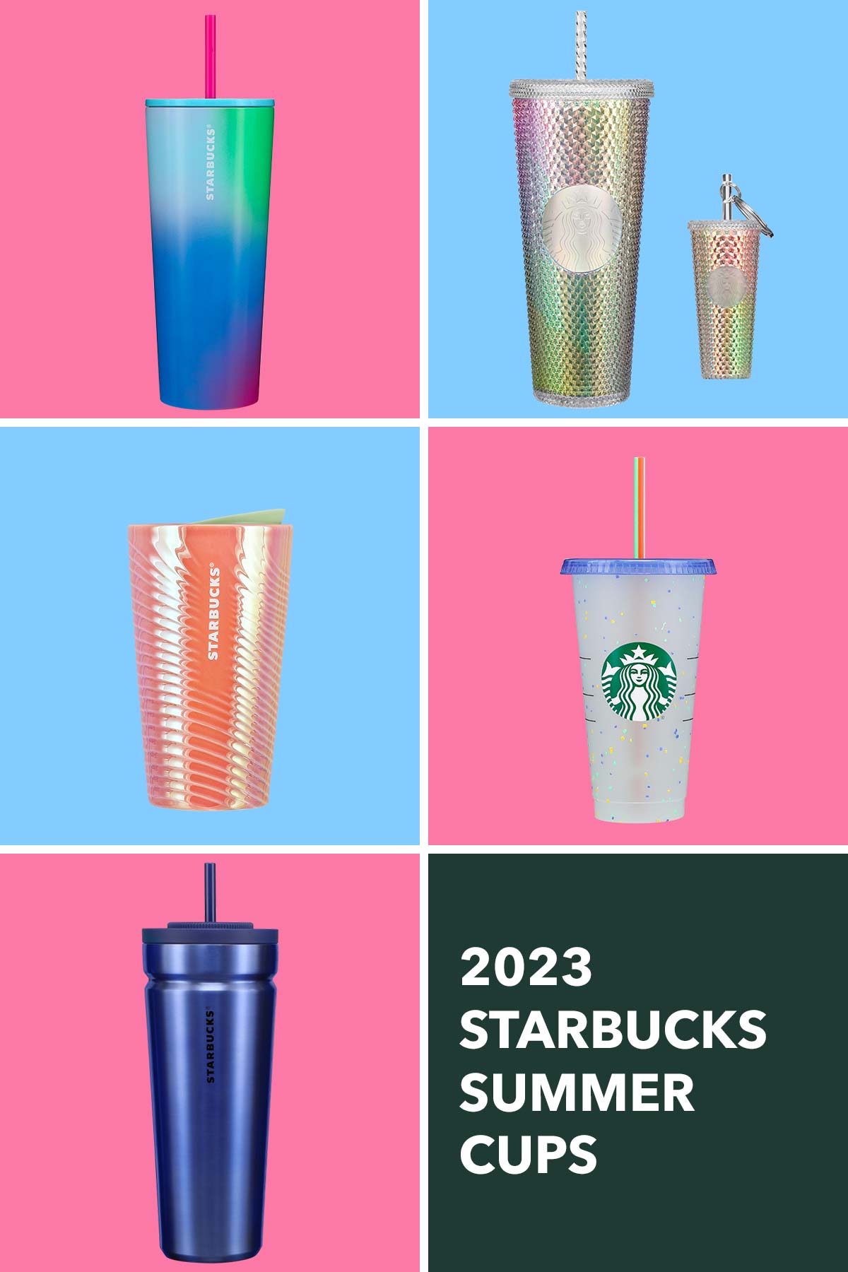 Six Starbucks summer cups and tumblers.