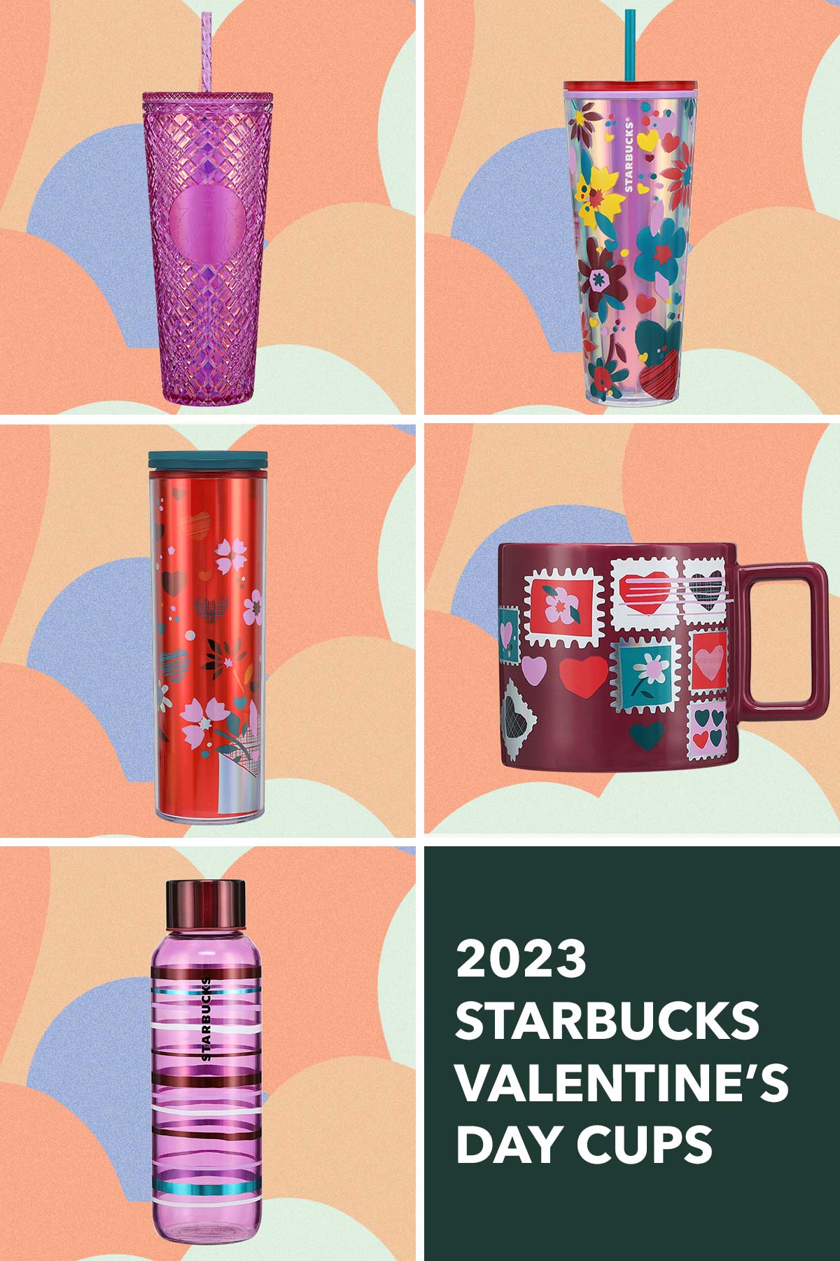 Five Starbucks Valentine's Day 2023 cups.