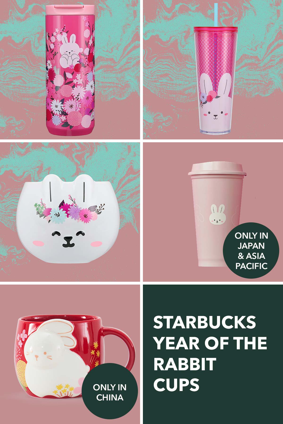 Five Starbucks Year of the Rabbit cups.