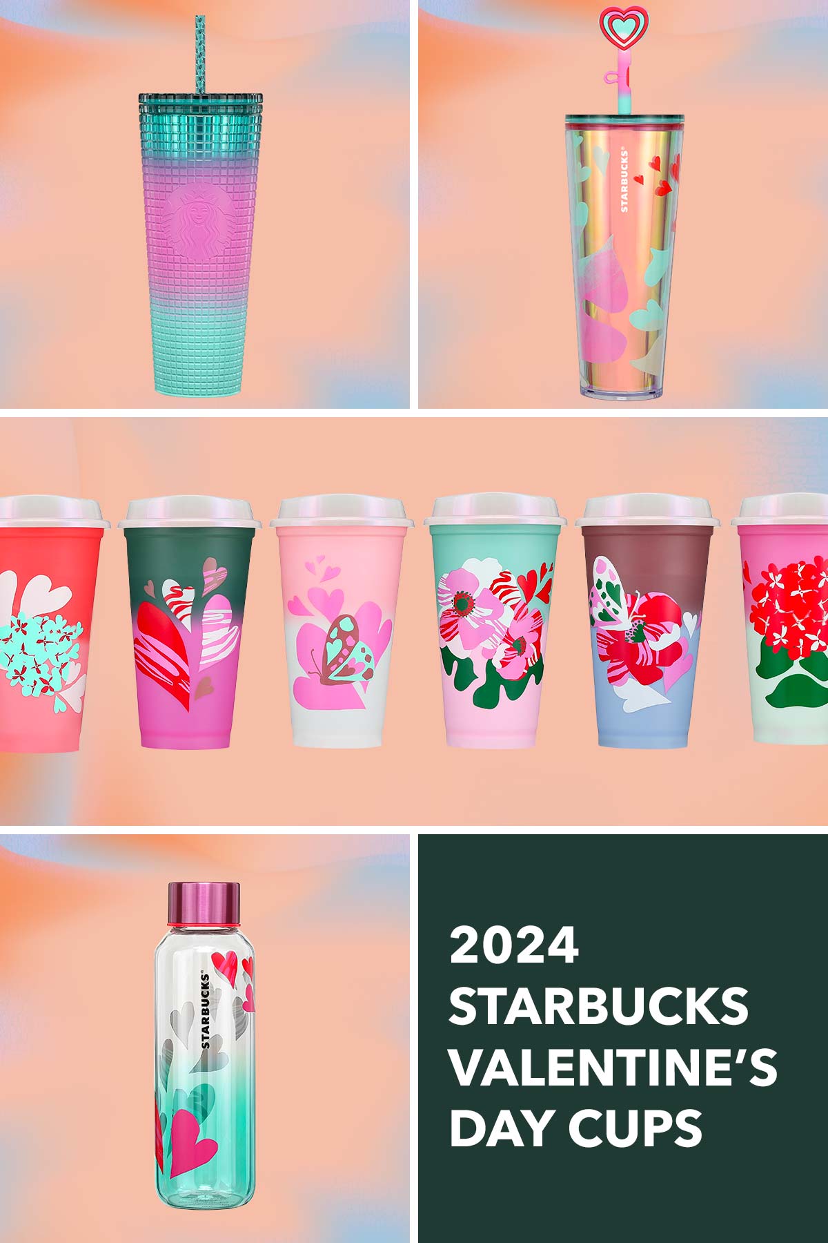 A collection of Starbucks Valentine's Day 2024 cups.