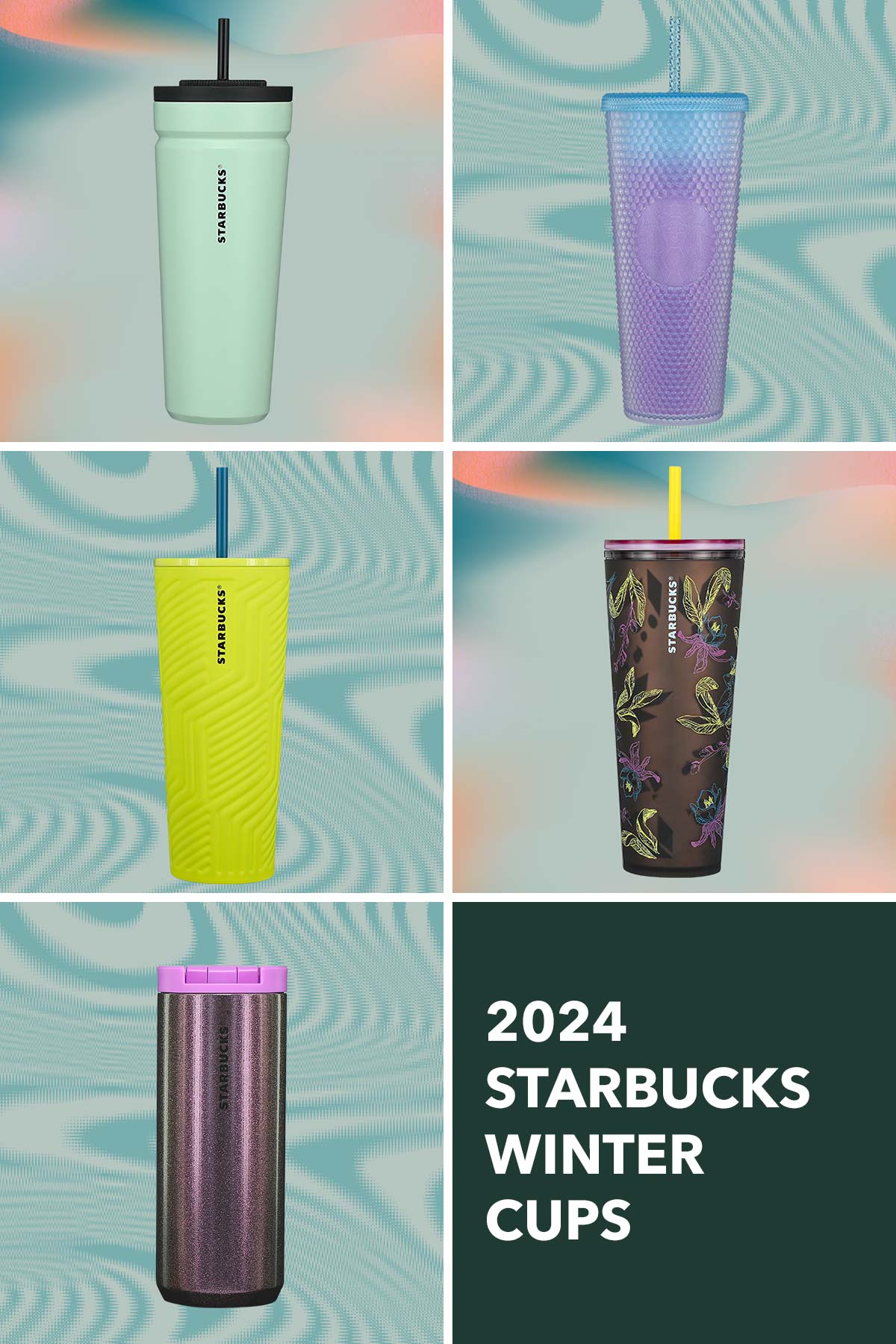 A collage of 5 different Starbucks reusable cups.
