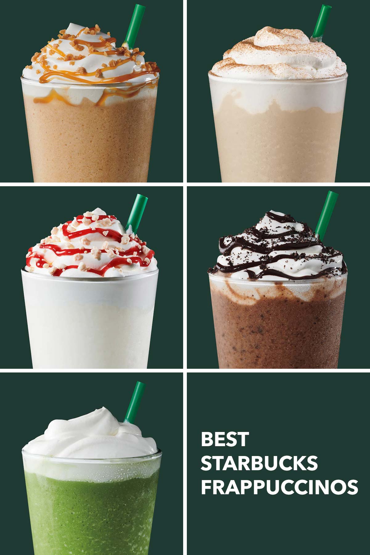 Six photo collage showing five different Starbucks Frappuccinos.