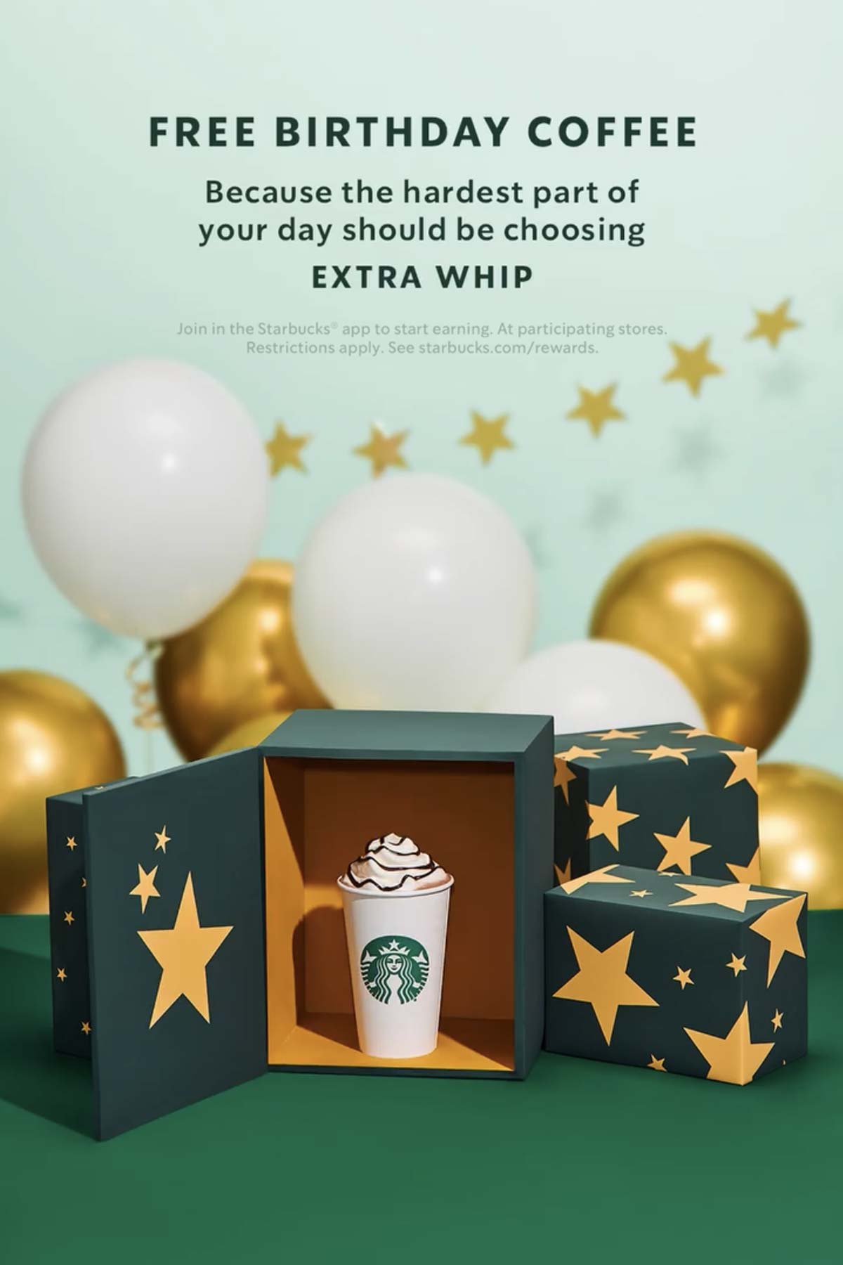 "Free Birthday Coffee" text on a green background with balloons and gift boxes.
