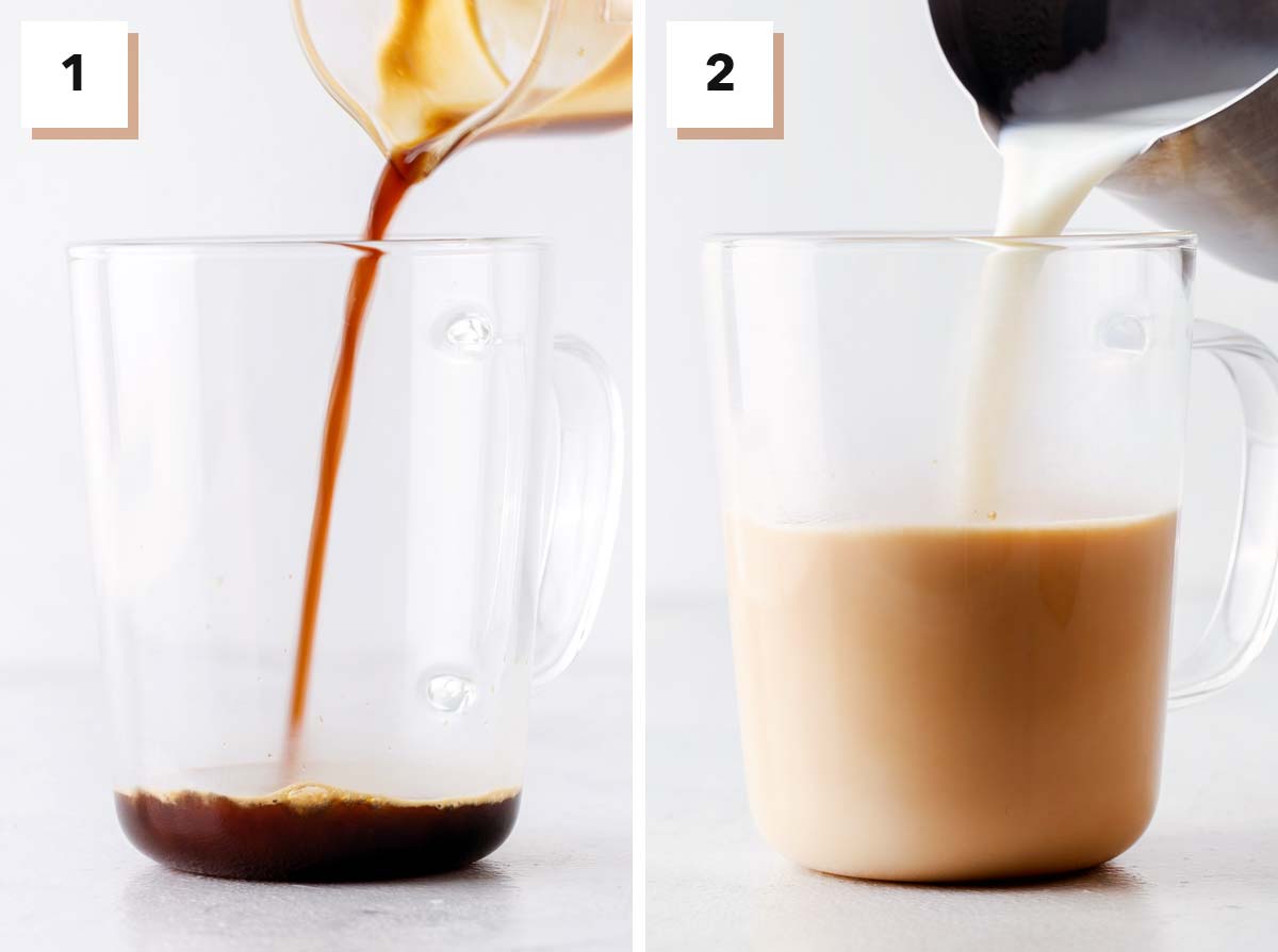 Dua petunjuk langkah resep kopi Starbucks Blonde Vanilla Latte di foto.