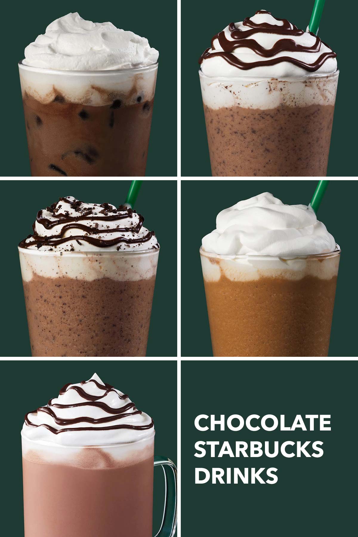 Six photo grid showing five Starbucks chocolate drinks.