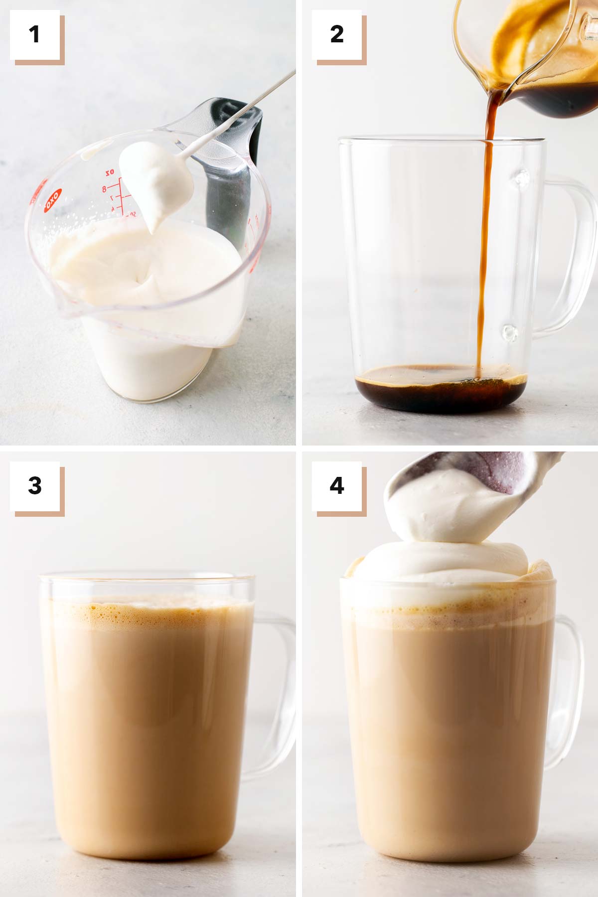 Langkah-langkah membuat minuman peniru Starbucks Cinnamon Dolce Latte.