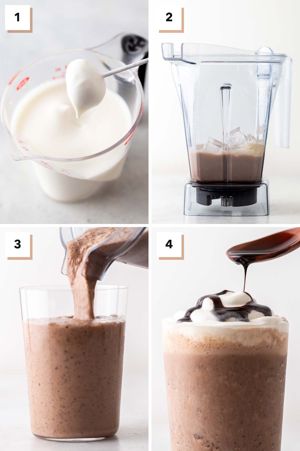 Four photo collage showing steps to make a homemade Double Chocolaty Chip Frappuccino.