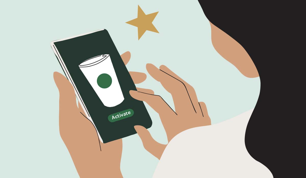 Illustration of woman activating a Starbucks app.